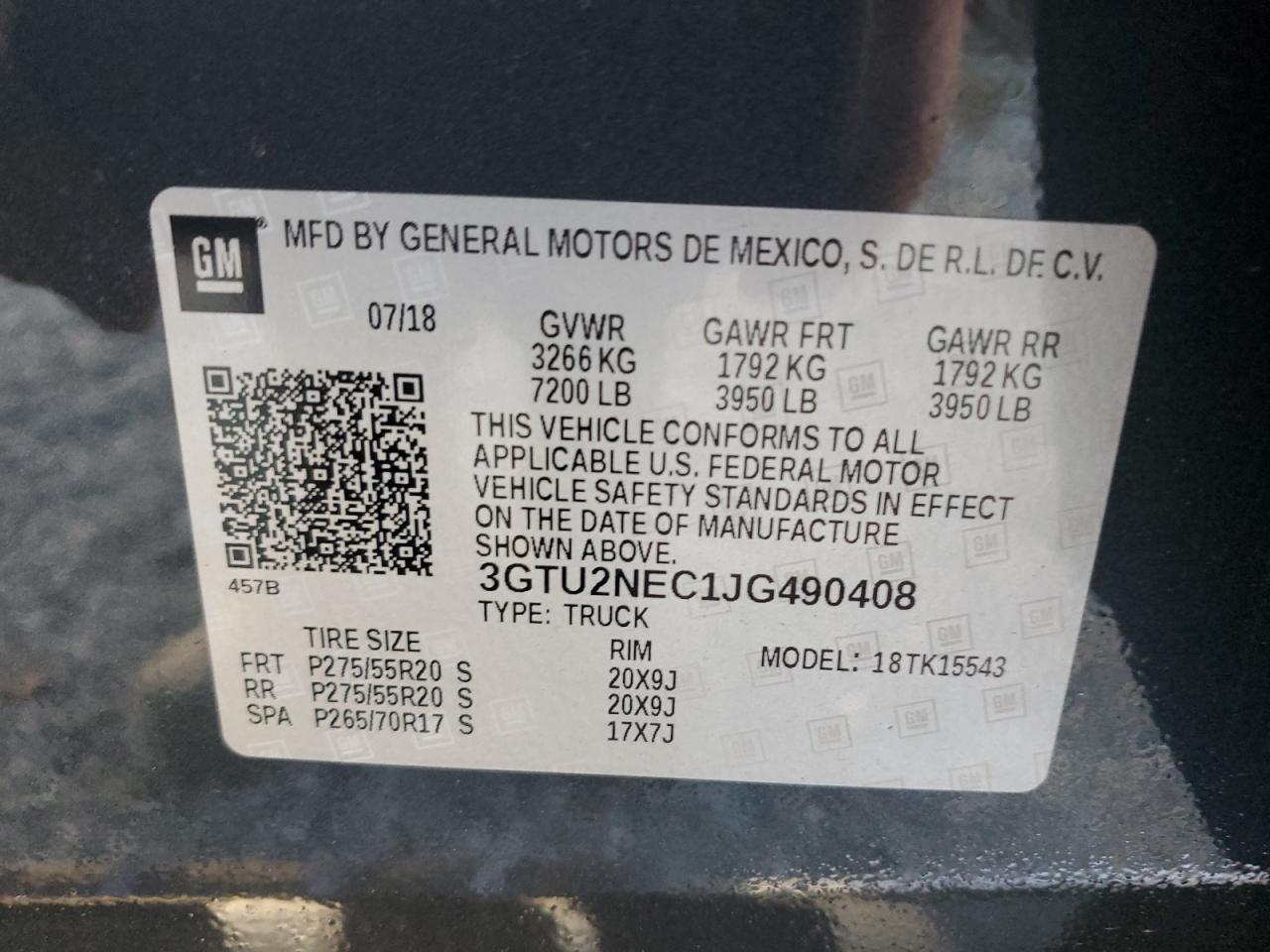 3GTU2NEC1JG490408 2018 GMC Sierra K1500 Slt