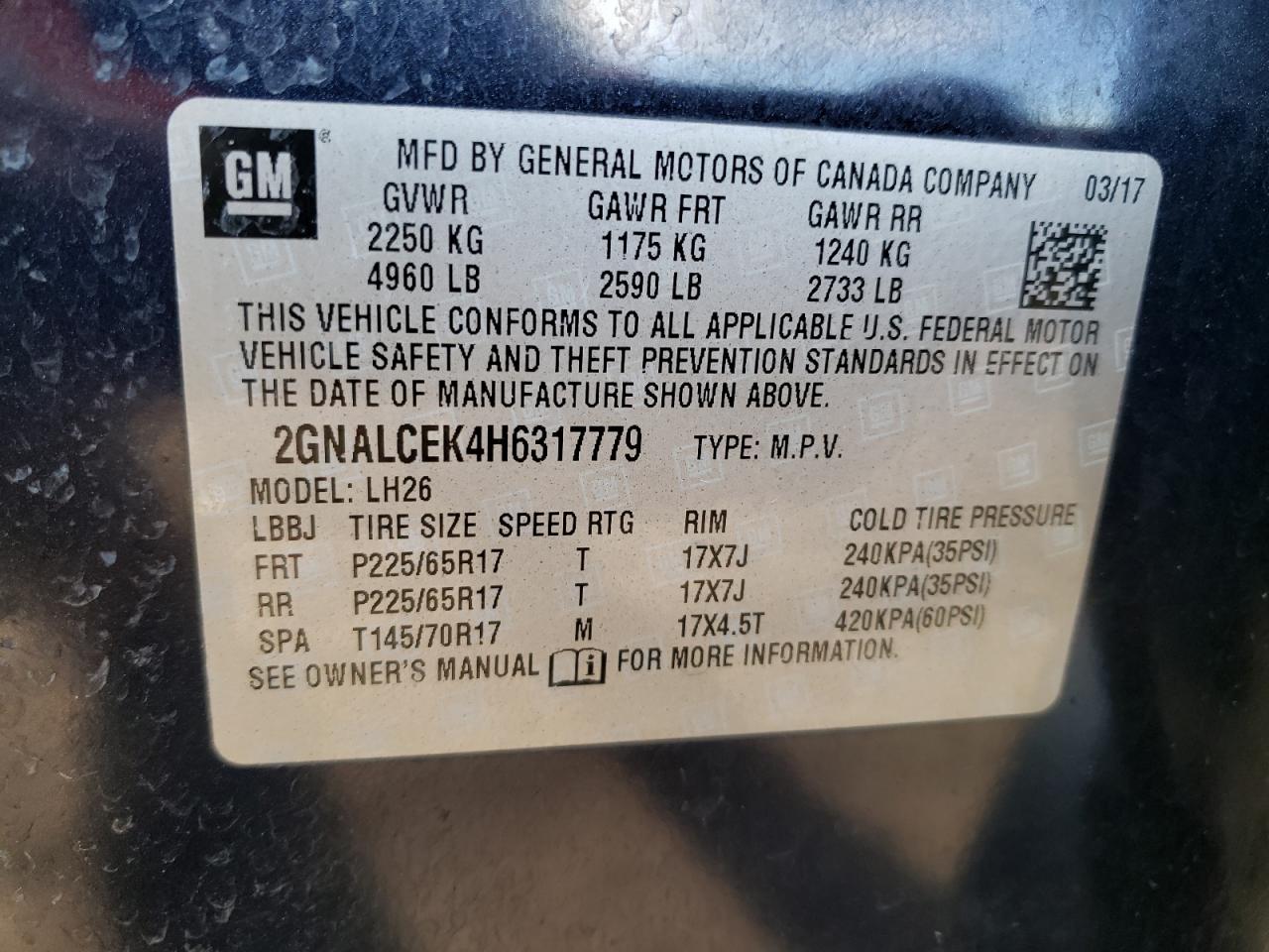 2GNALCEK4H6317779 2017 Chevrolet Equinox Lt