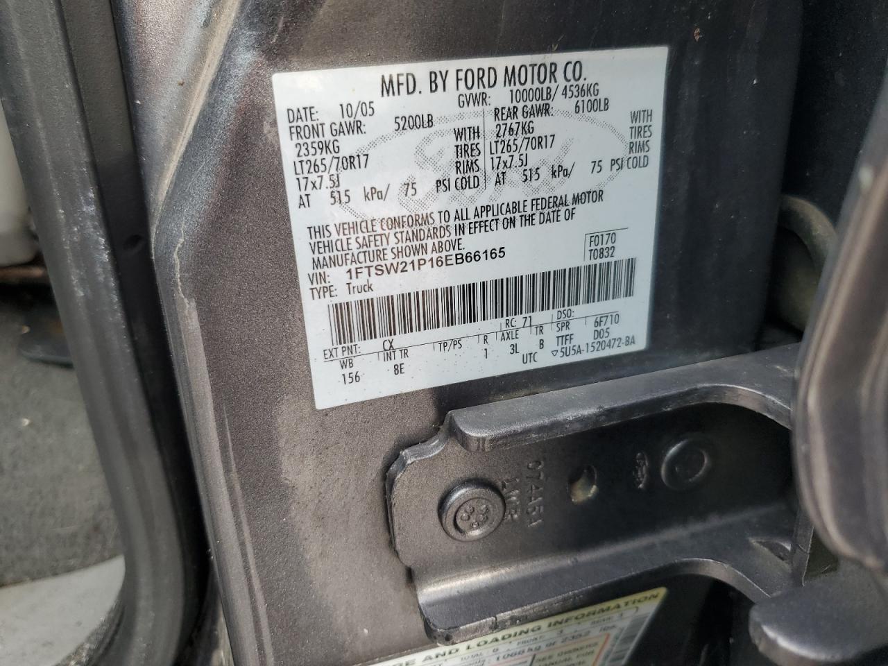 1FTSW21P16EB66165 2006 Ford F250 Super Duty