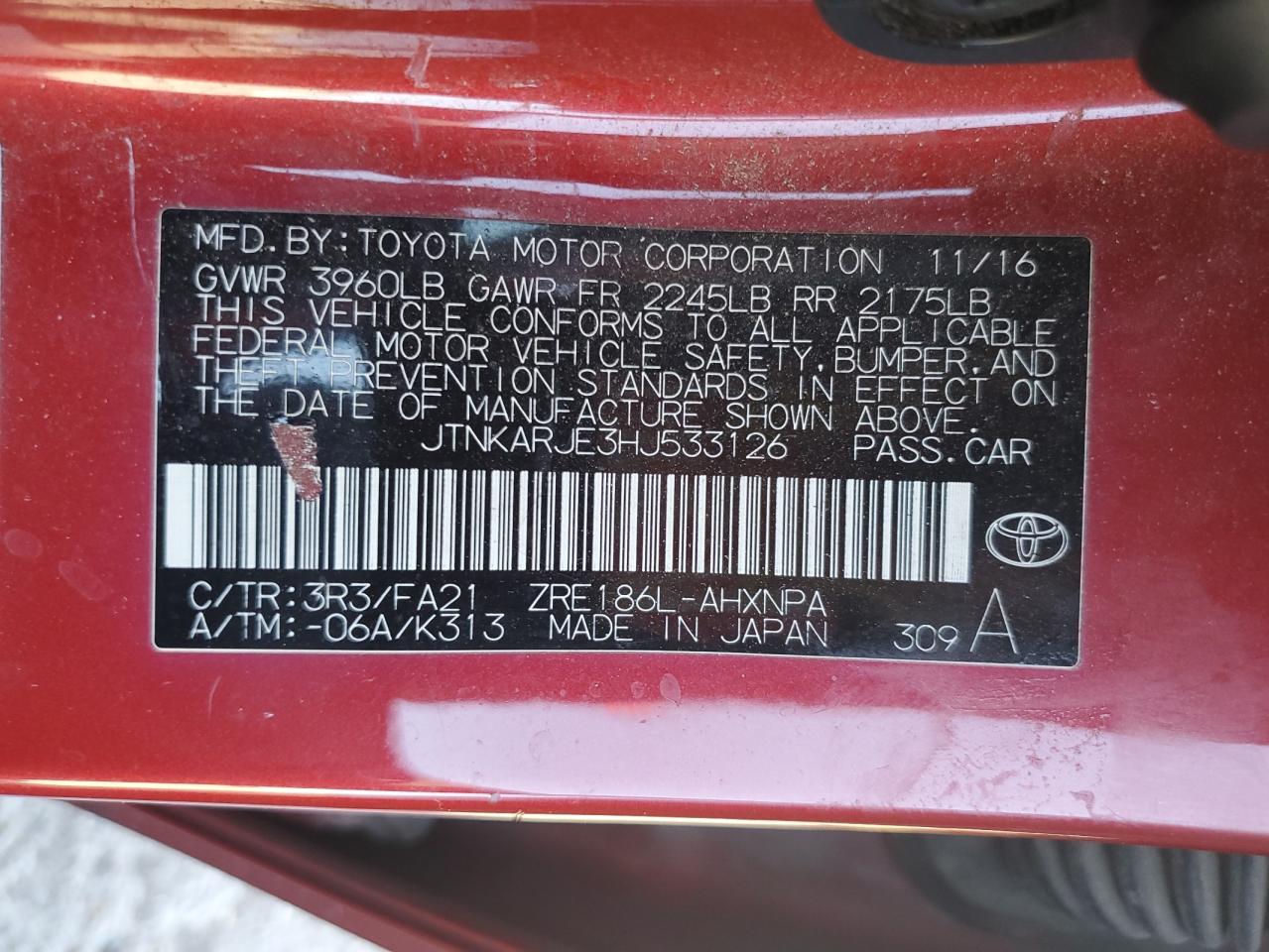 2017 Toyota Corolla Im VIN: JTNKARJE3HJ533126 Lot: 77478184