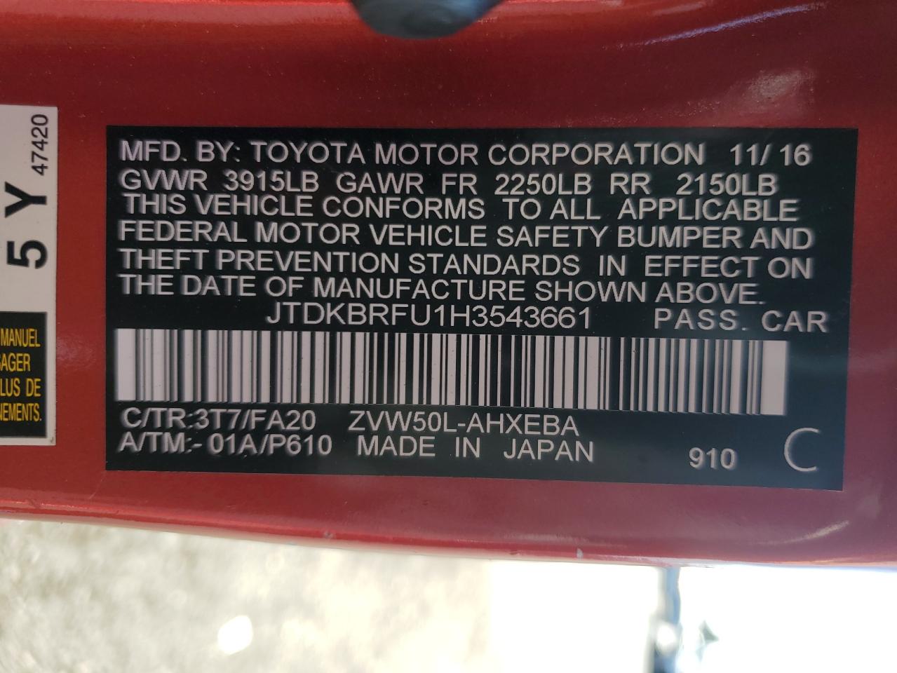 JTDKBRFU1H3543661 2017 Toyota Prius