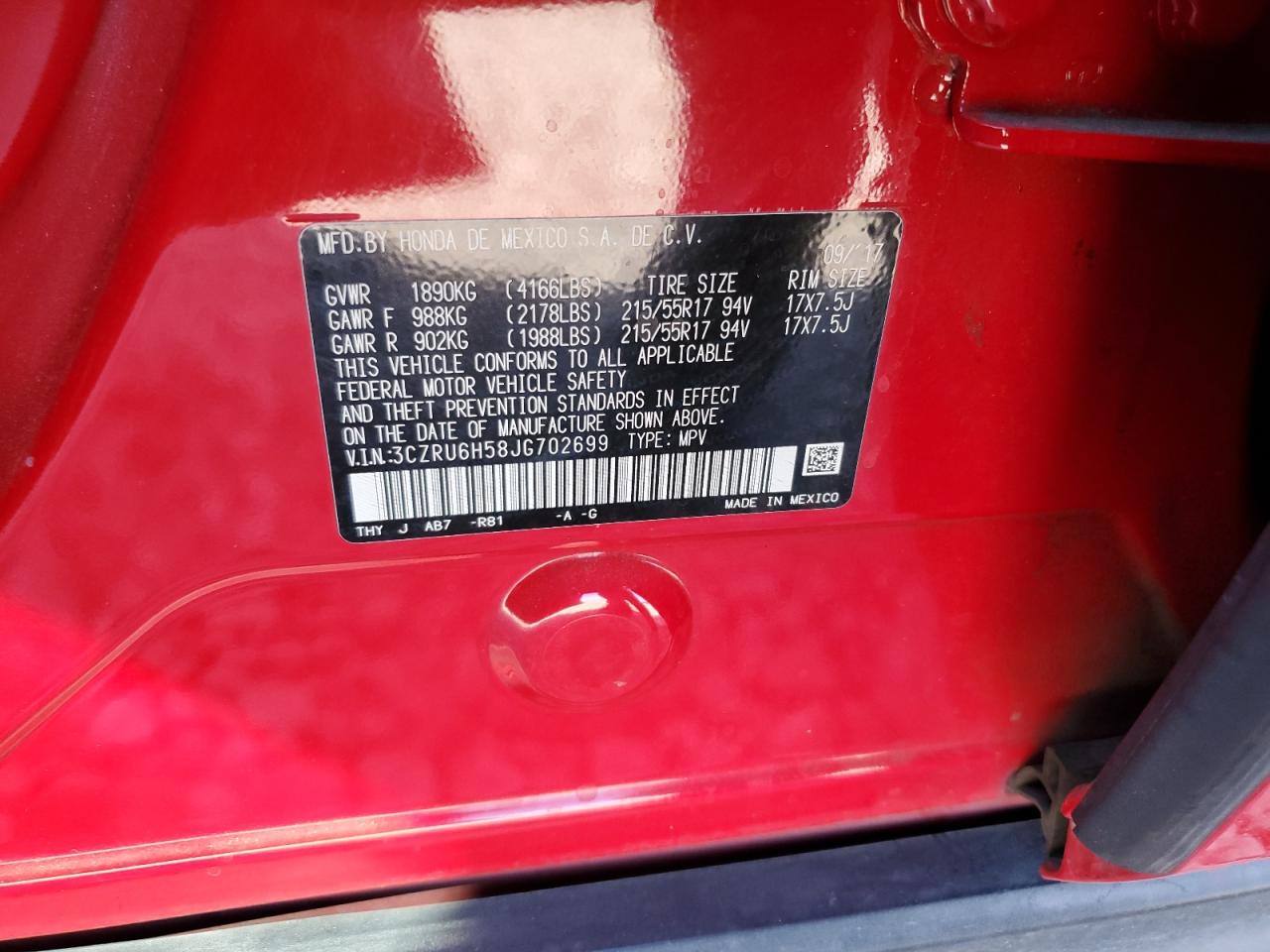 3CZRU6H58JG702699 2018 Honda Hr-V Ex