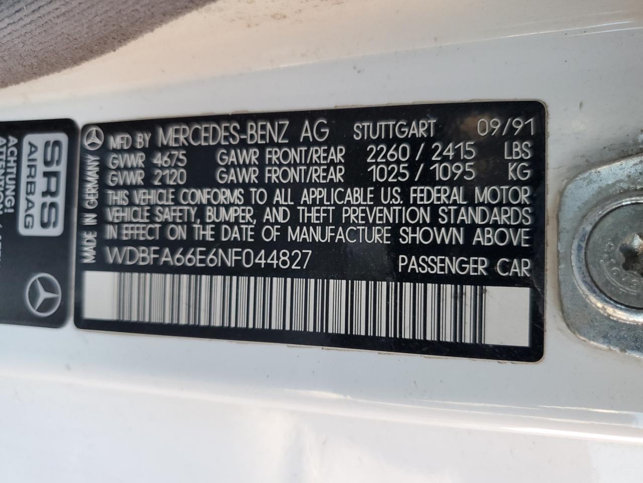 1992 Mercedes-Benz 500 Sl VIN: WDBFA66E6NF044827 Lot: 75097374