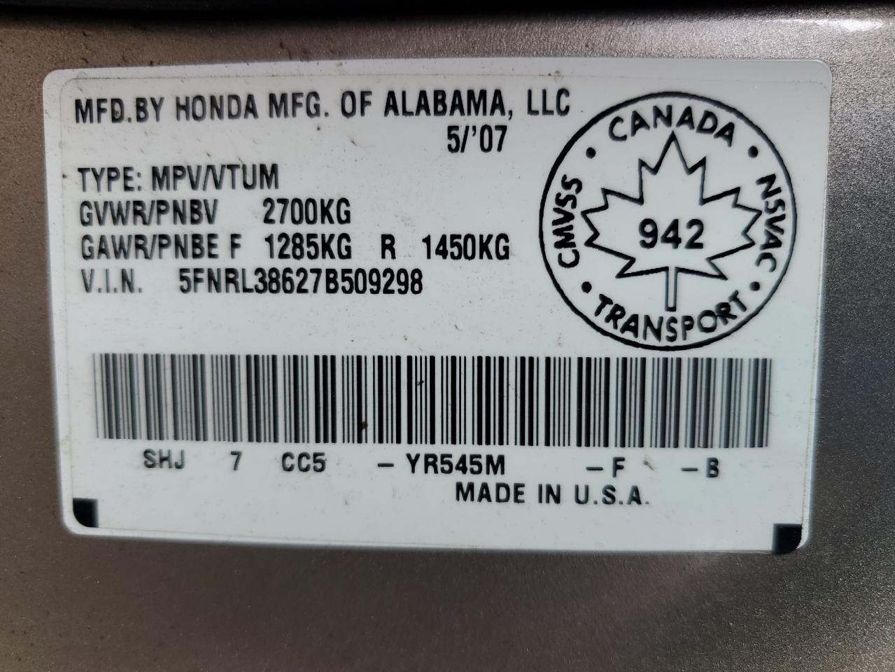 2007 Honda Odyssey Exl VIN: 5FNRL38627B509298 Lot: 71311483