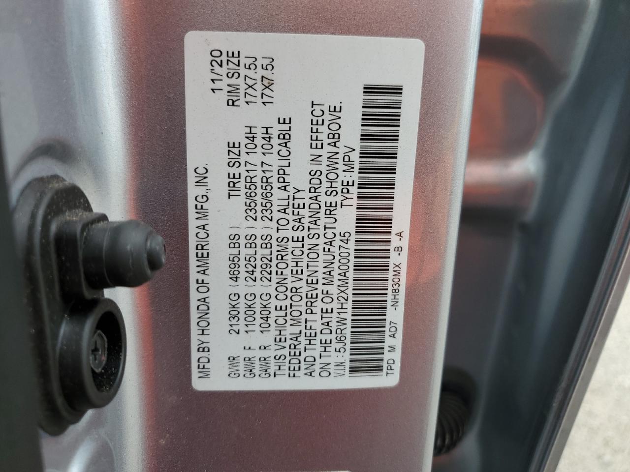 5J6RW1H2XMA000745 2021 Honda Cr-V Lx