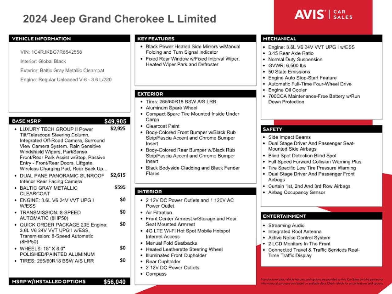 2024 Jeep Grand Cherokee L Limited VIN: 1C4RJKBG7R8542558 Lot: 74615204