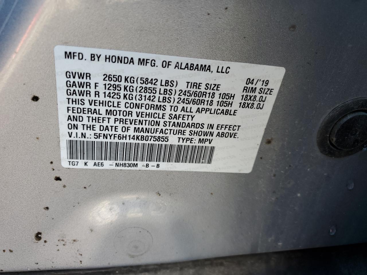 5FNYF6H14KB075855 2019 Honda Pilot Lx