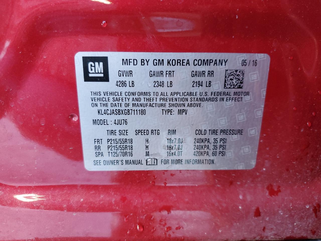 KL4CJASBXGB711180 2016 Buick Encore