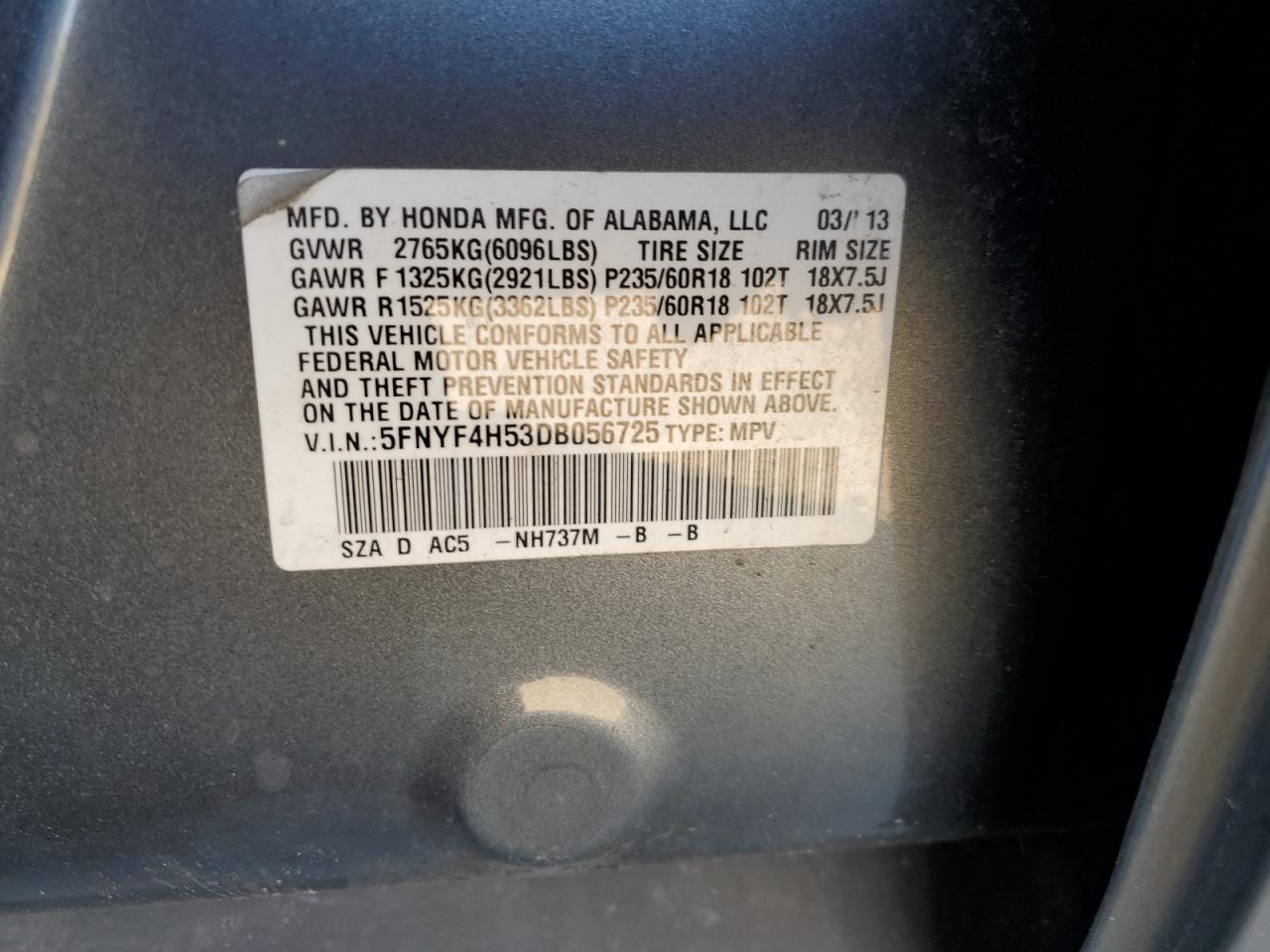 5FNYF4H53DB056725 2013 Honda Pilot Exl