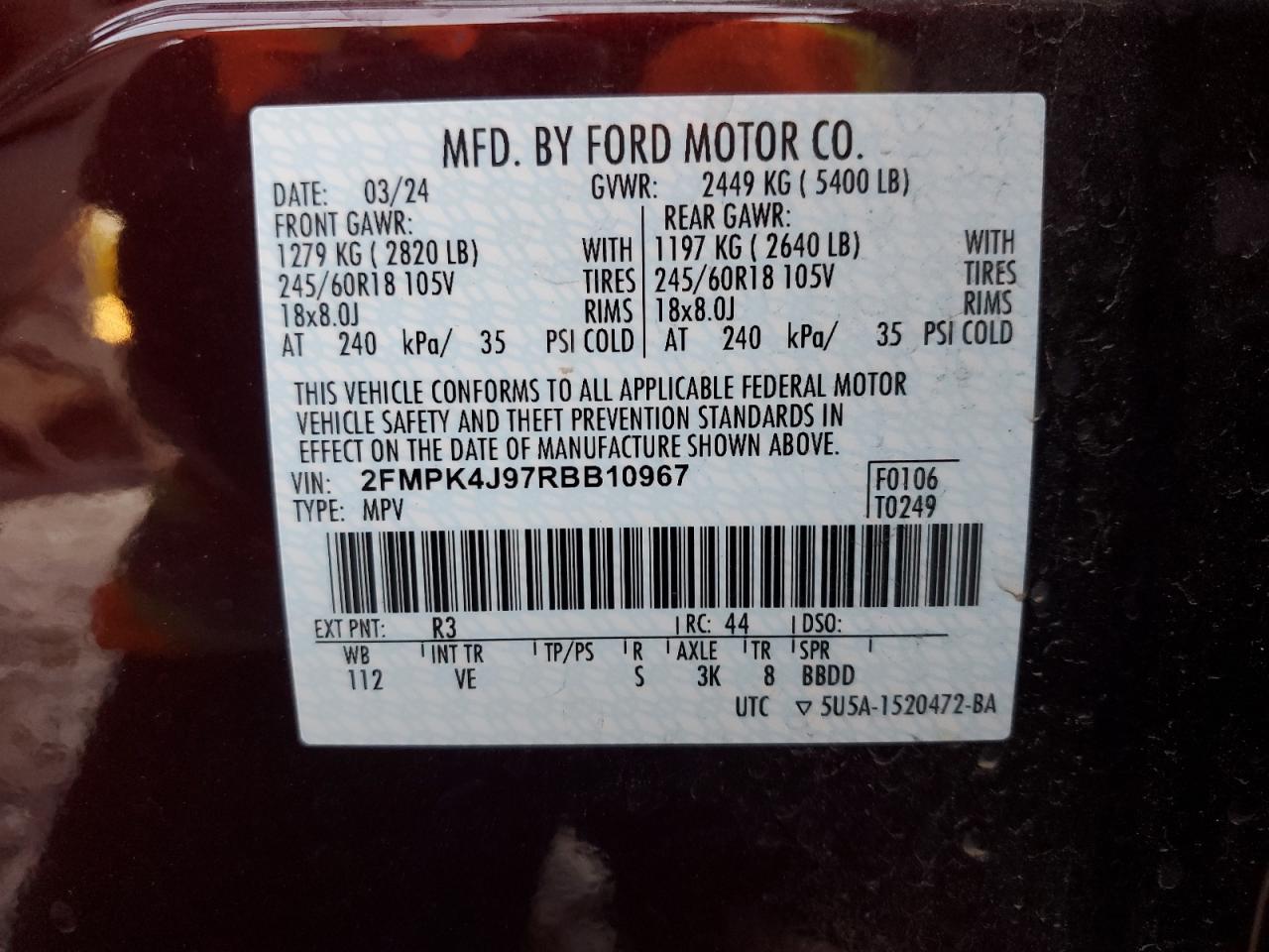 2024 Ford Edge Sel VIN: 2FMPK4J97RBB10967 Lot: 77316784