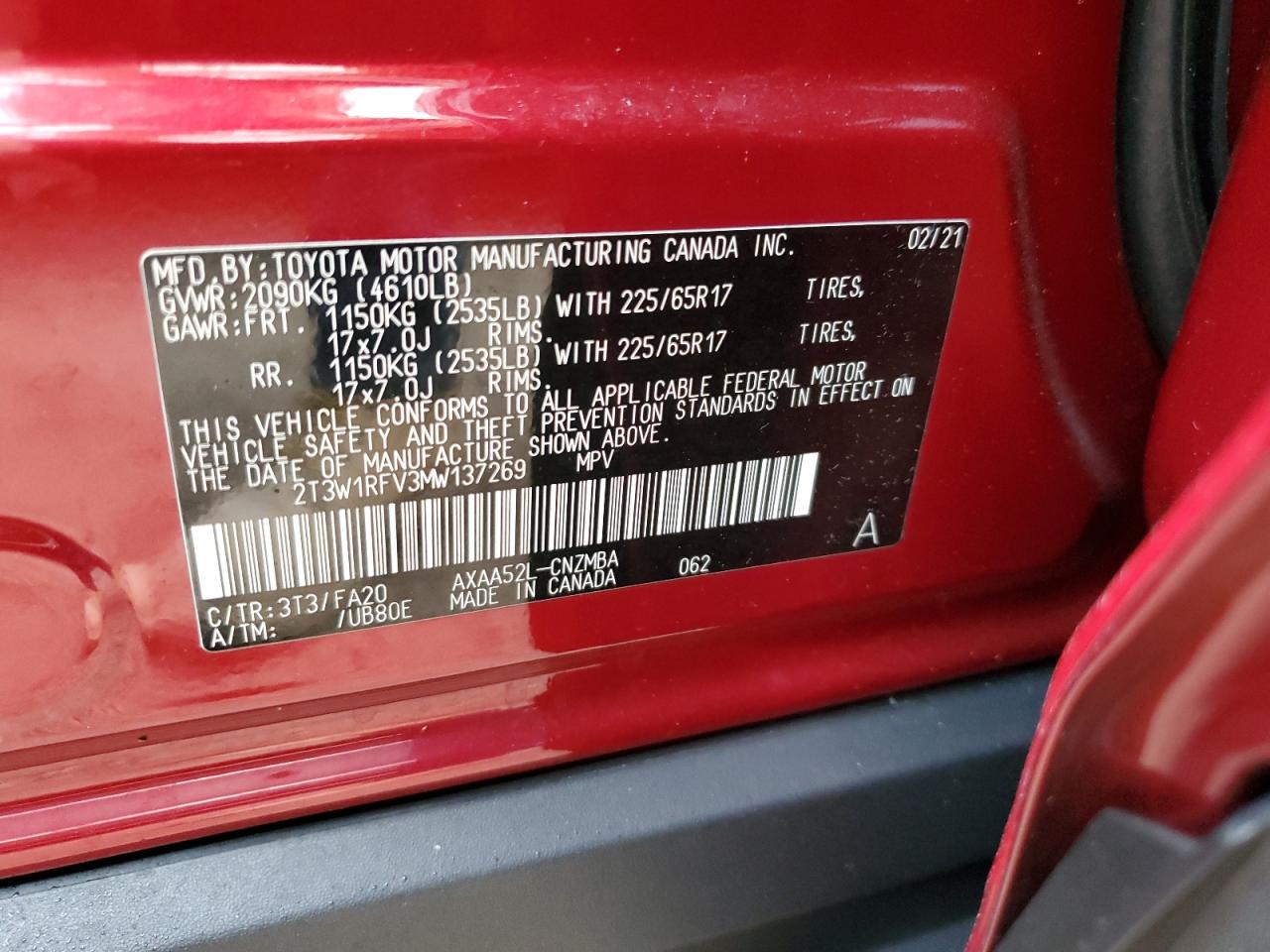 2021 Toyota Rav4 Xle VIN: 2T3W1RFV3MW137269 Lot: 75126014