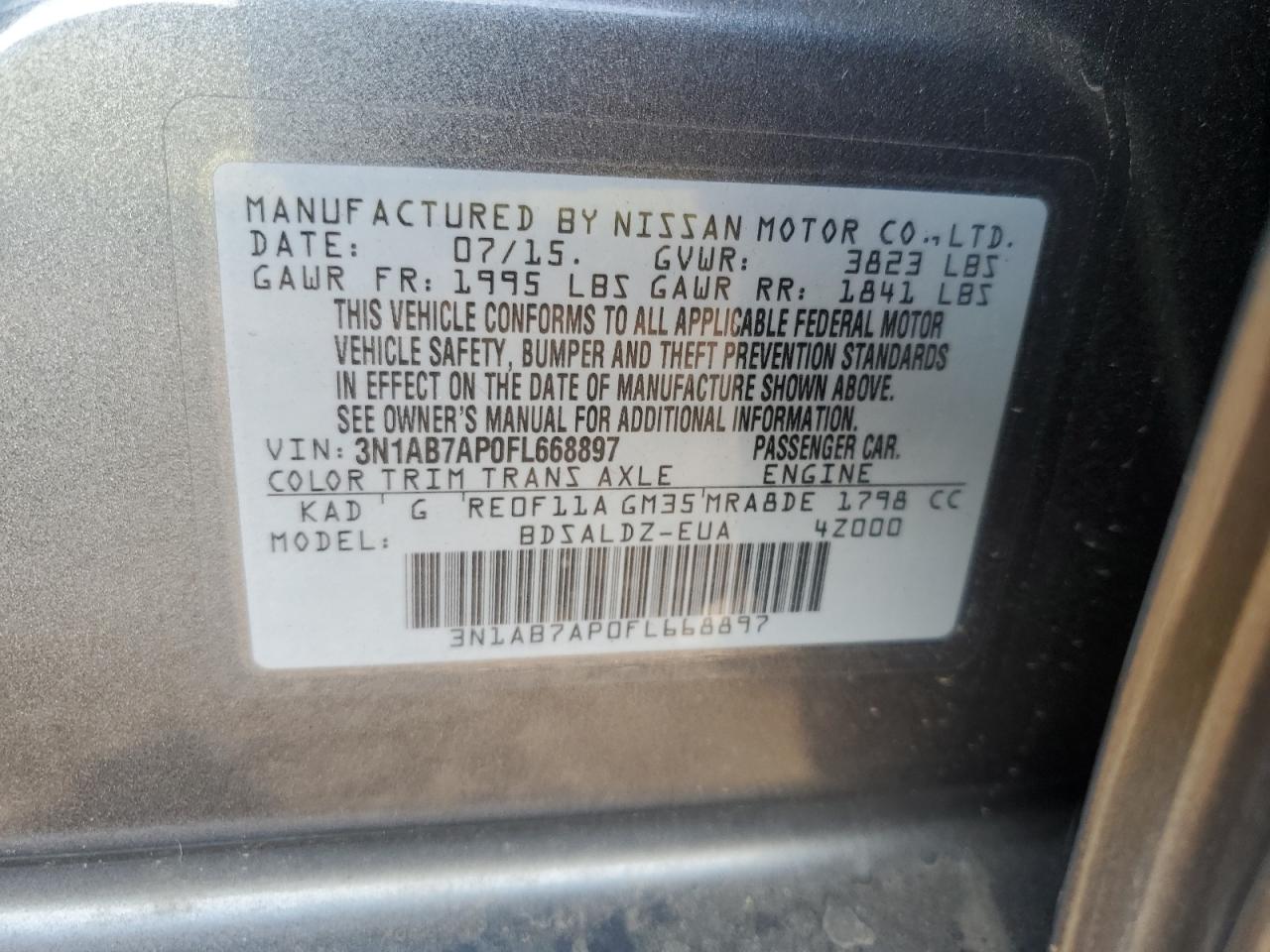 3N1AB7AP0FL668897 2015 Nissan Sentra S