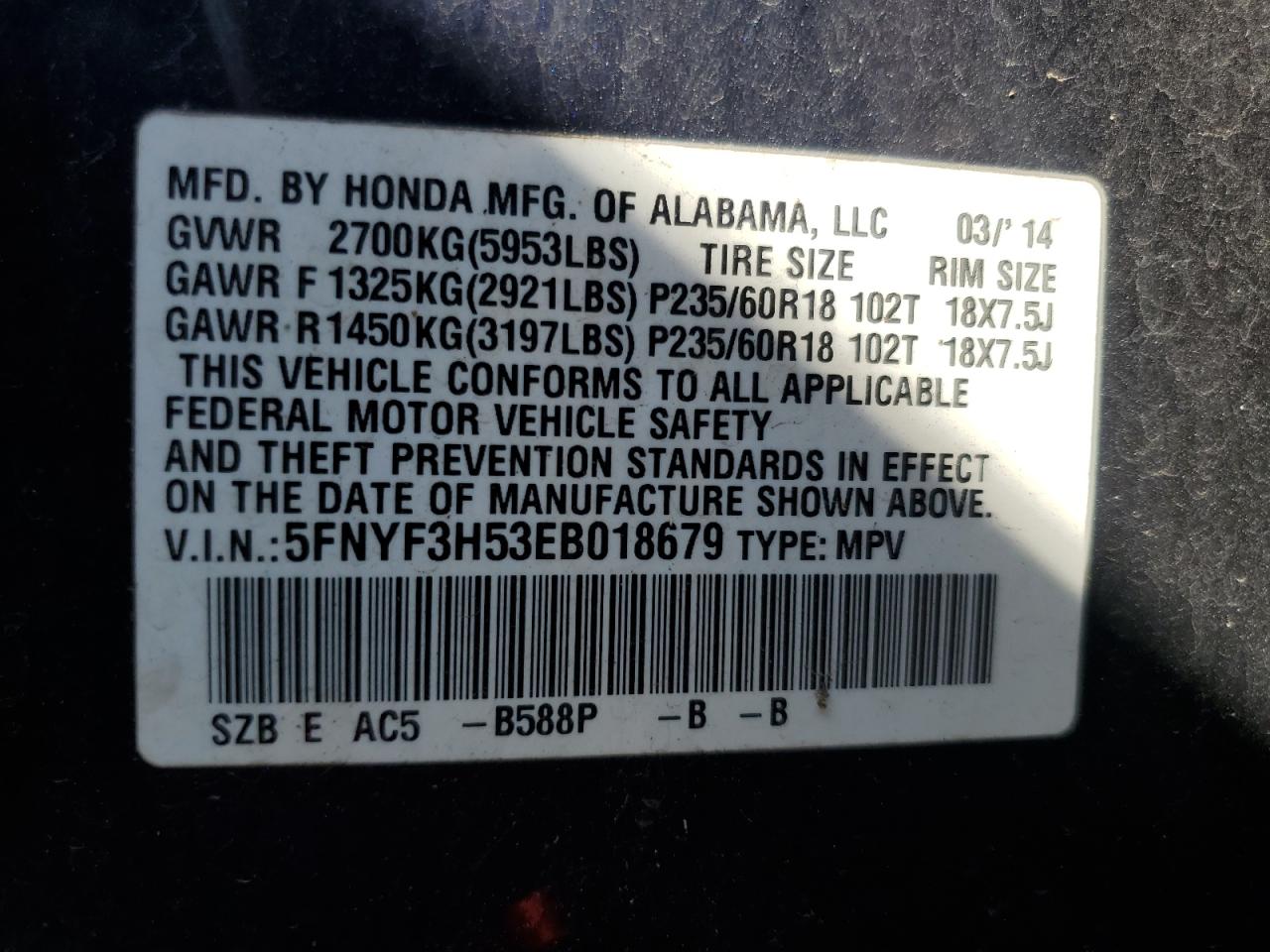 5FNYF3H53EB018679 2014 Honda Pilot Exl