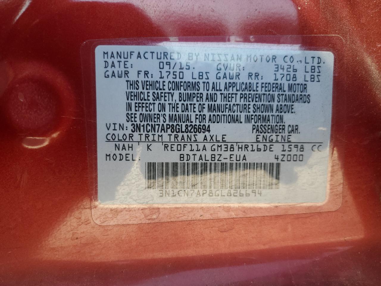 3N1CN7AP8GL826694 2016 Nissan Versa S