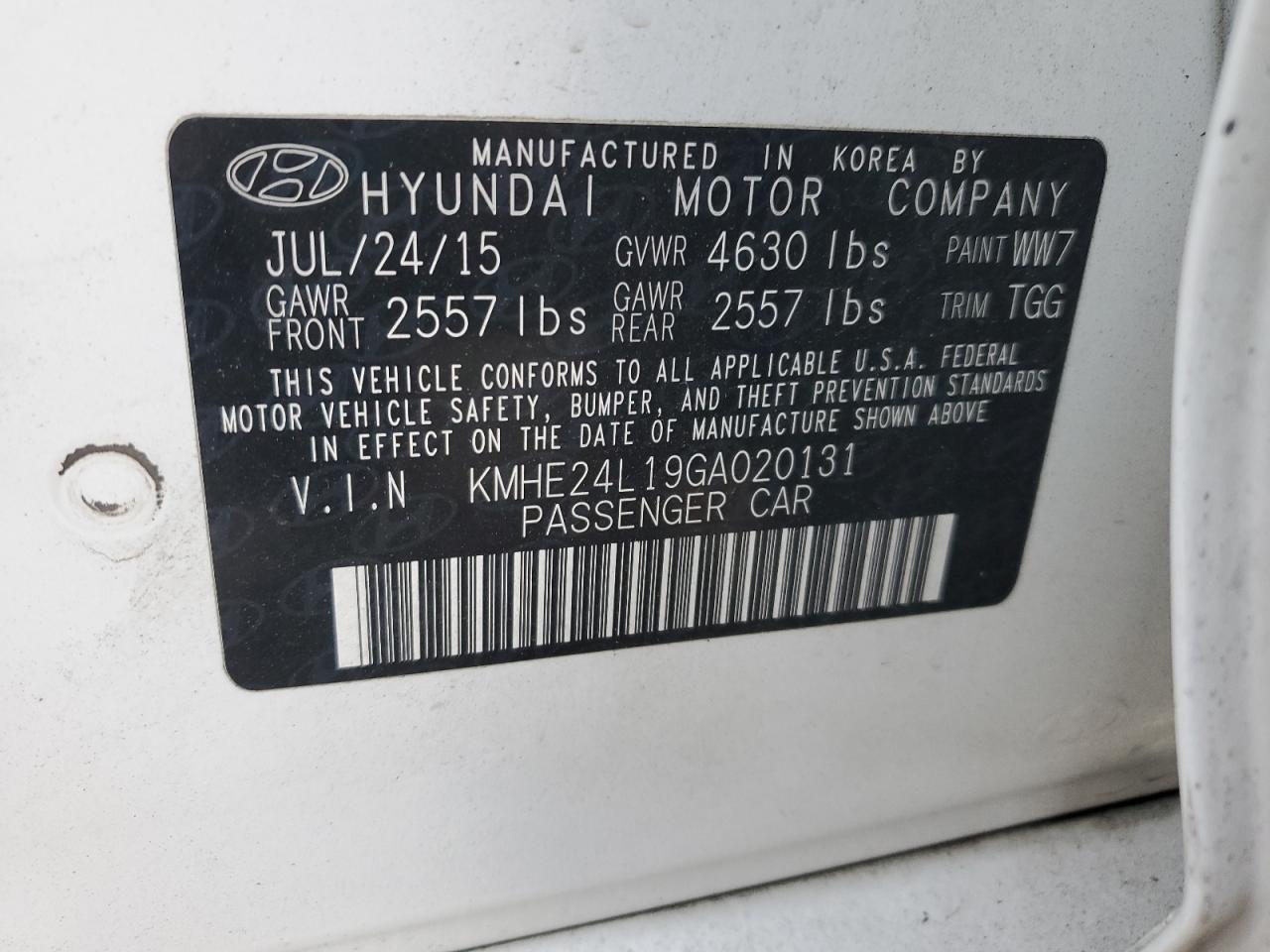 2016 Hyundai Sonata Hybrid VIN: KMHE24L19GA020131 Lot: 77224284