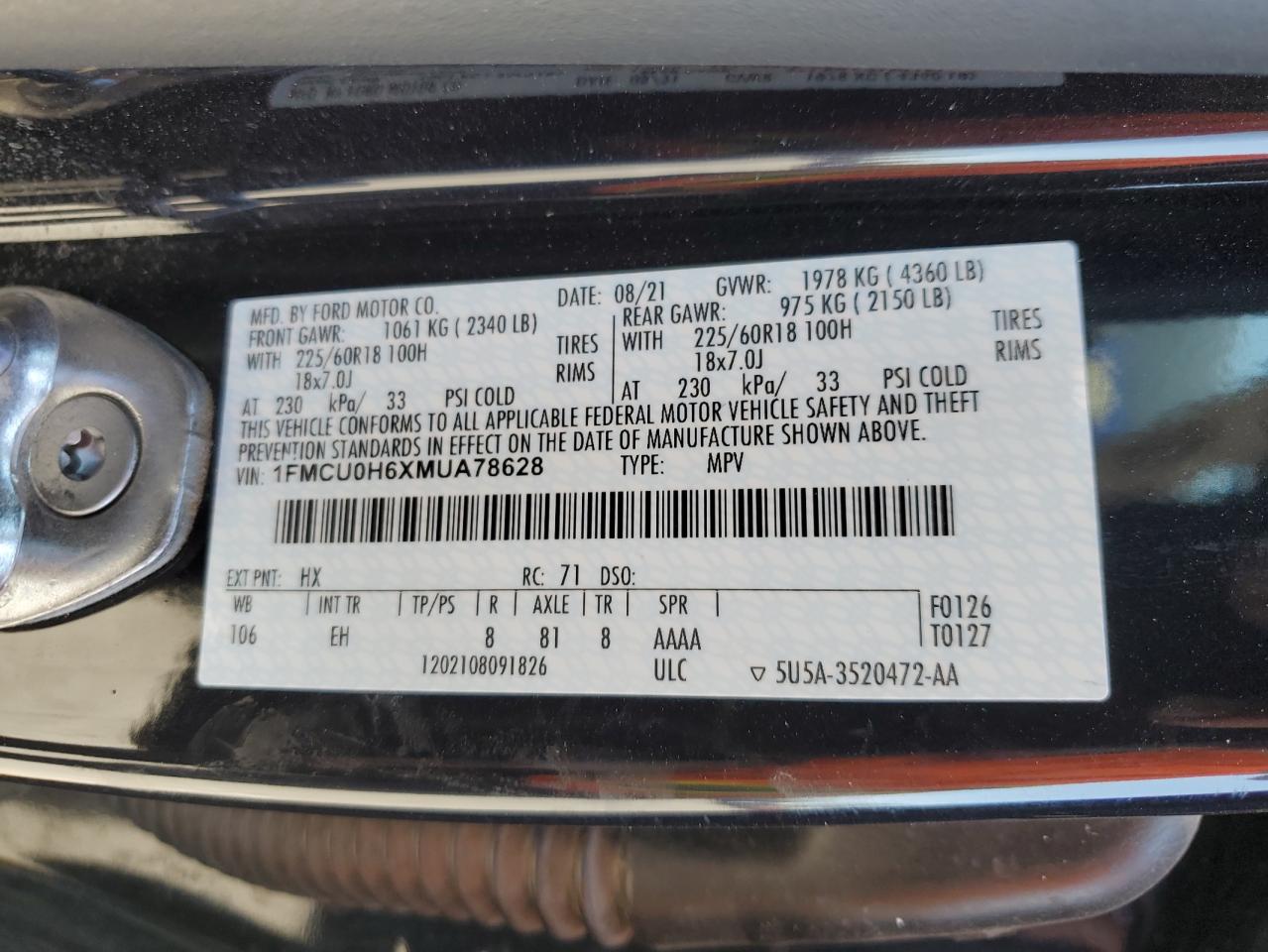 1FMCU0H6XMUA78628 2021 Ford Escape Sel