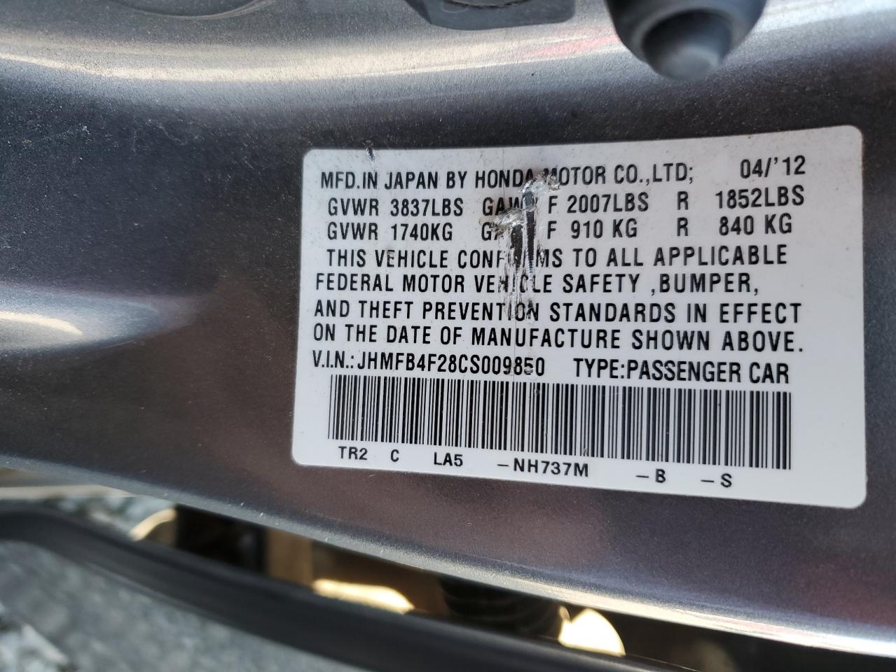 JHMFB4F28CS009850 2012 Honda Civic Hybrid