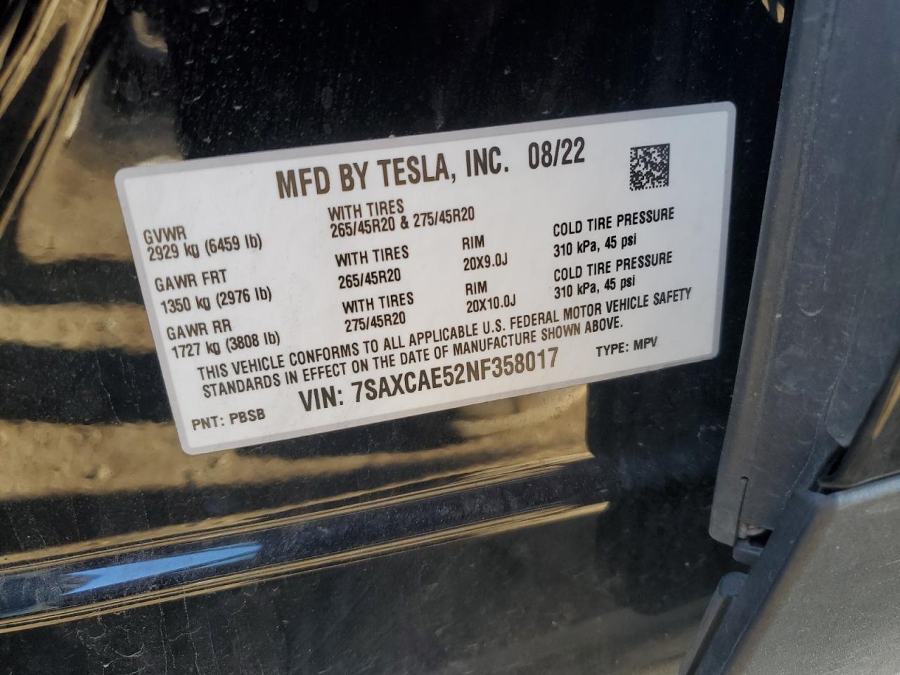 2022 Tesla Model X VIN: 7SAXCAE52NF358017 Lot: 76699674