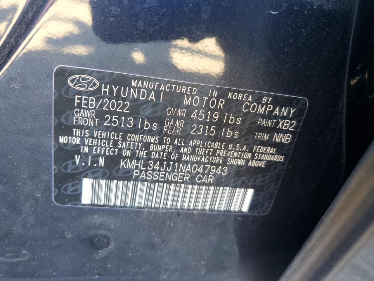 2022 Hyundai Sonata Hybrid VIN: KMHL34JJ1NA047943 Lot: 76263234