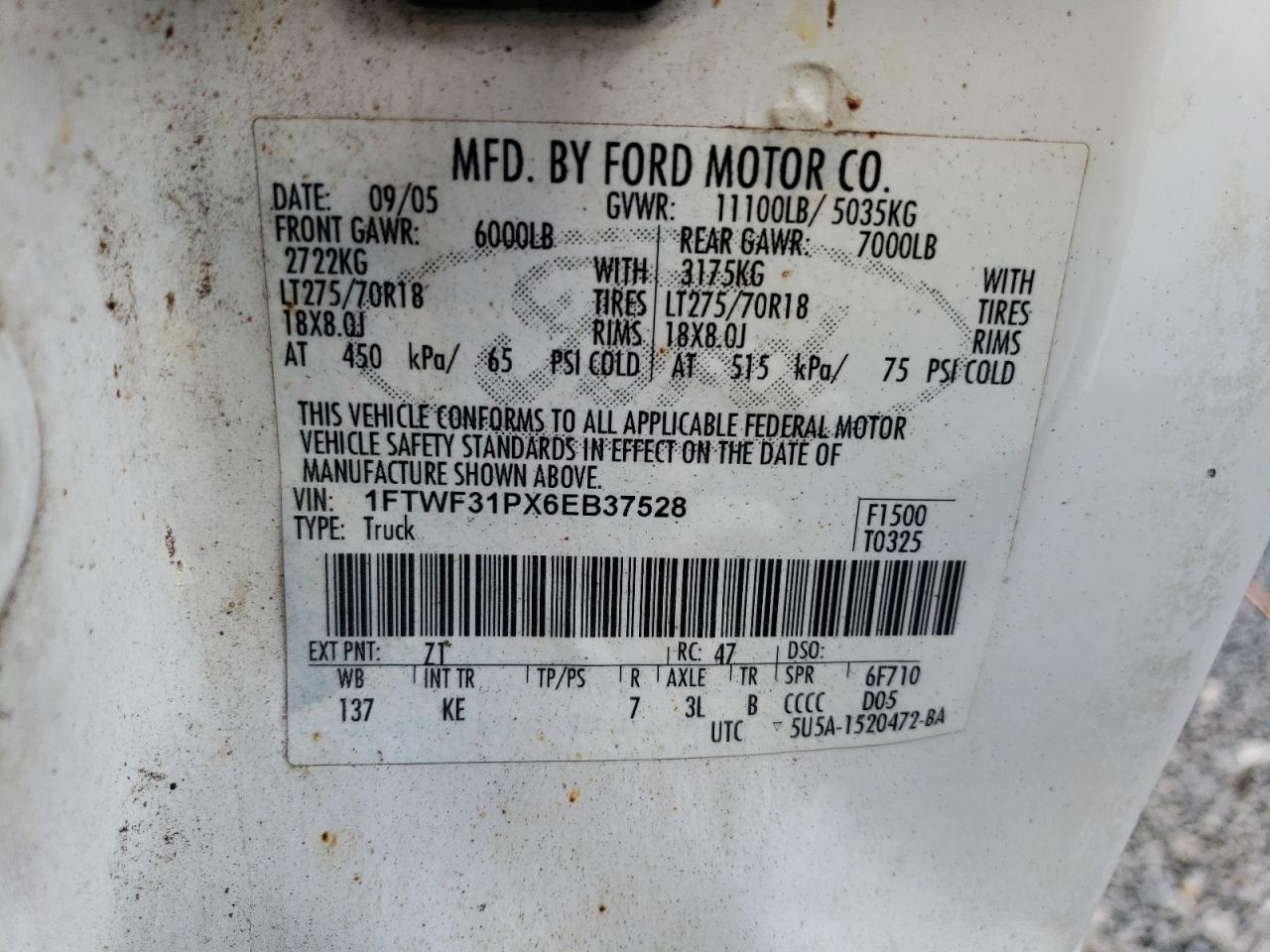 1FTWF31PX6EB37528 2006 Ford F350 Srw Super Duty