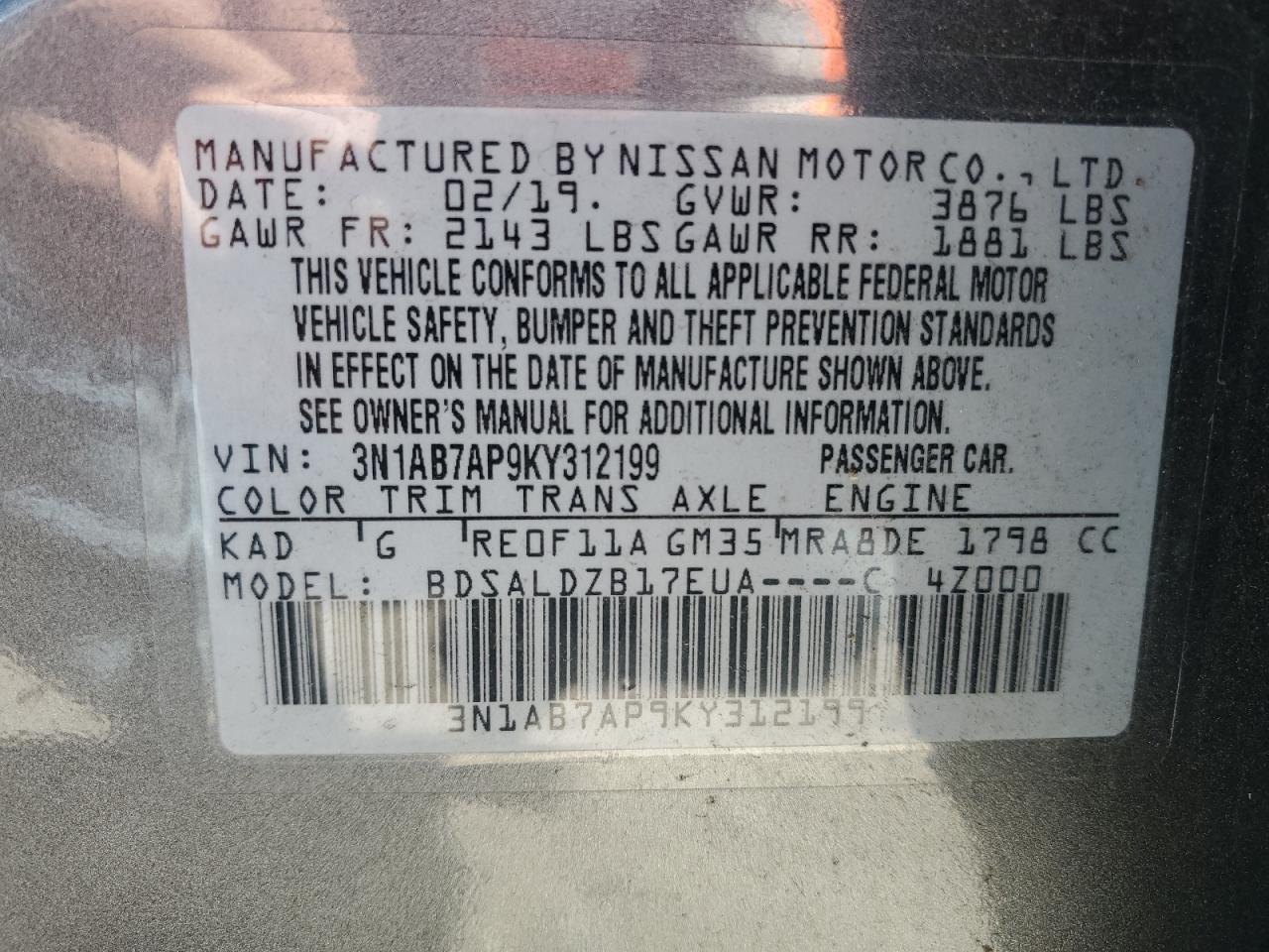 VIN 3N1AB7AP9KY312199 2019 NISSAN SENTRA no.12