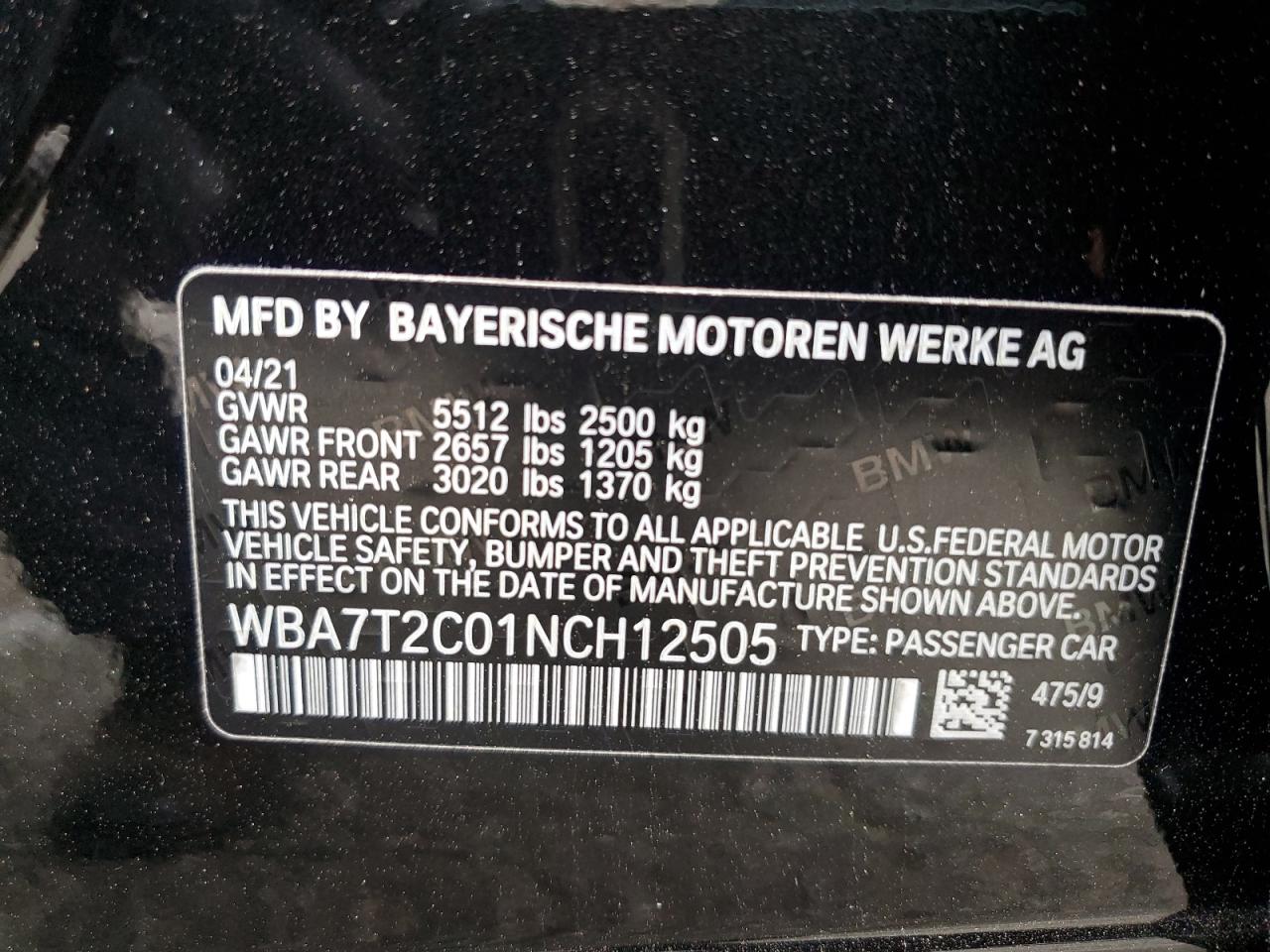 2022 BMW 740 I VIN: WBA7T2C01NCH12505 Lot: 77638024