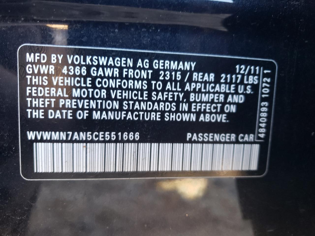 2012 Volkswagen Cc Sport VIN: WVWMN7AN5CE551666 Lot: 78141824