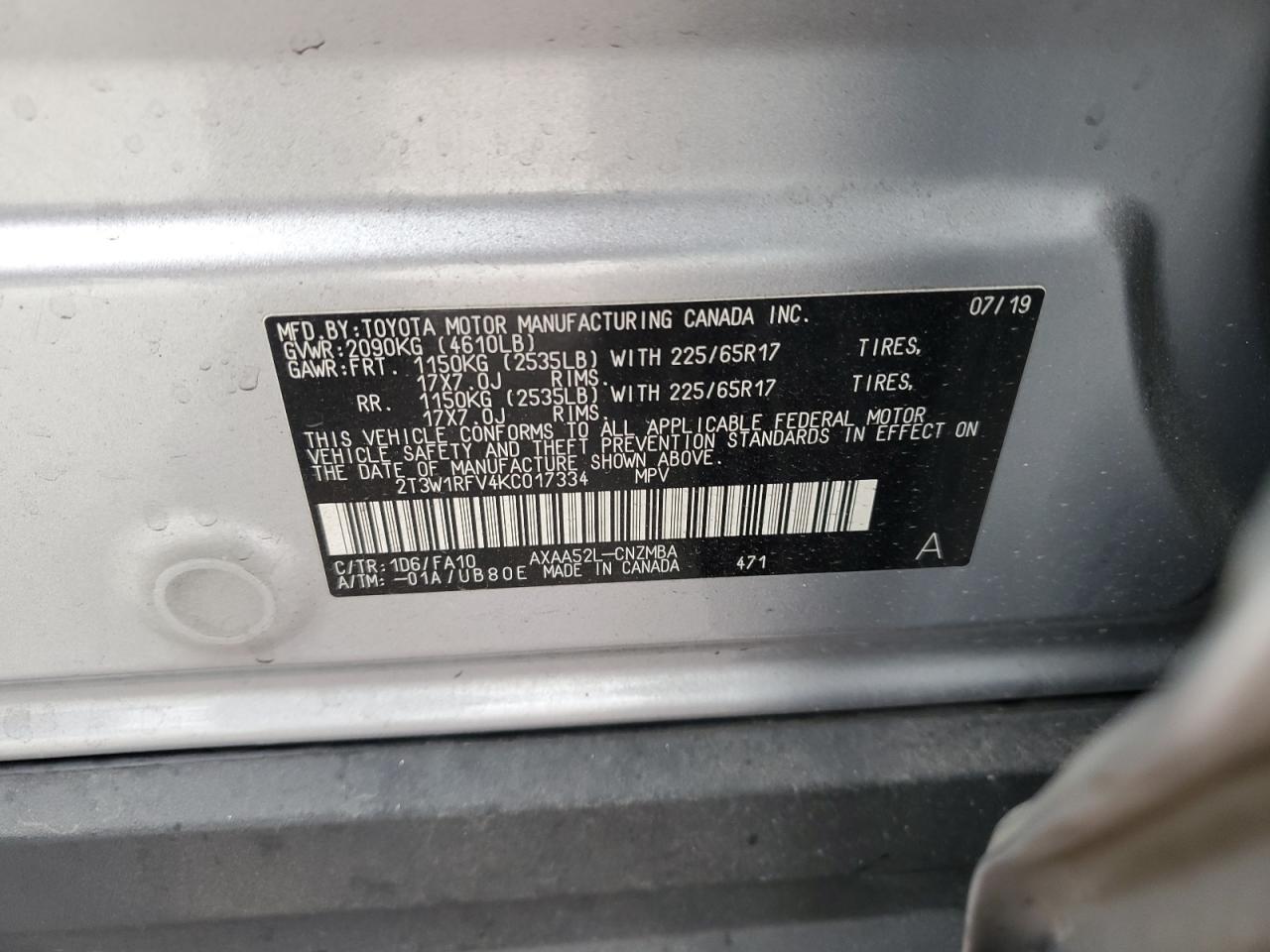 VIN 2T3W1RFV4KC017334 2019 TOYOTA RAV4 no.13