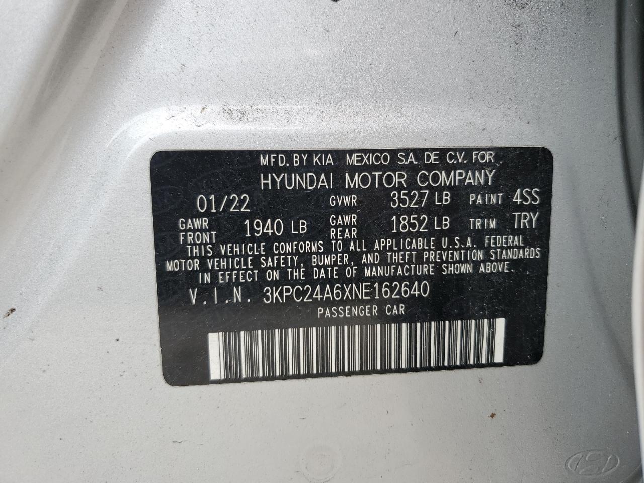 3KPC24A6XNE162640 2022 Hyundai Accent Se