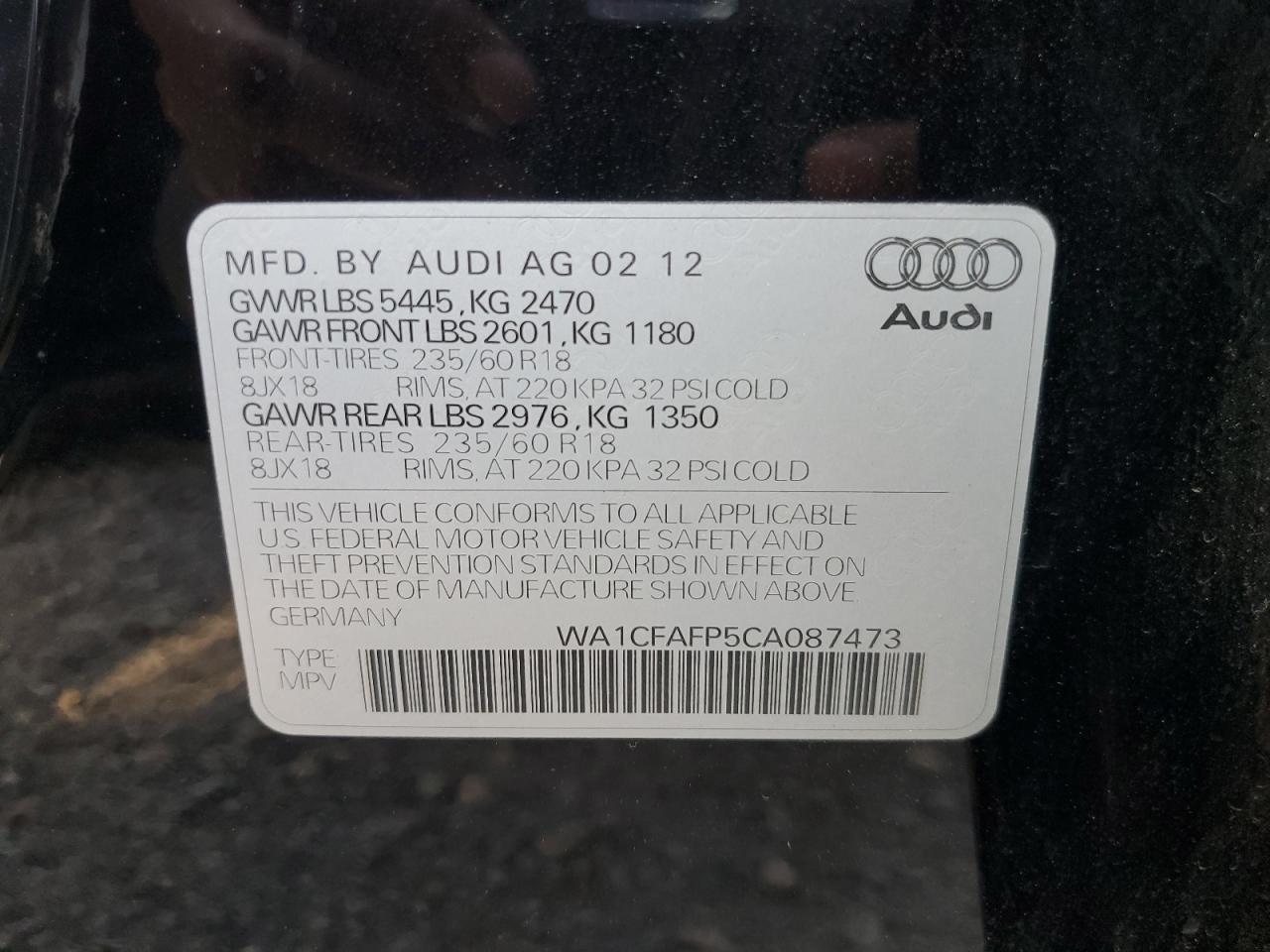 2012 Audi Q5 Premium VIN: WA1CFAFP5CA087473 Lot: 75268064