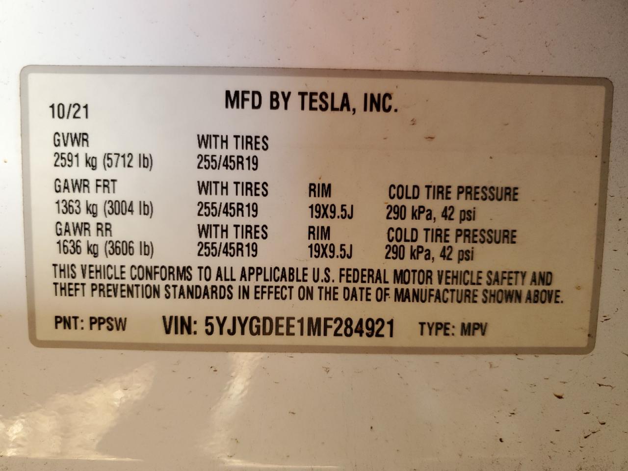 5YJYGDEE1MF284921 2021 Tesla Model Y