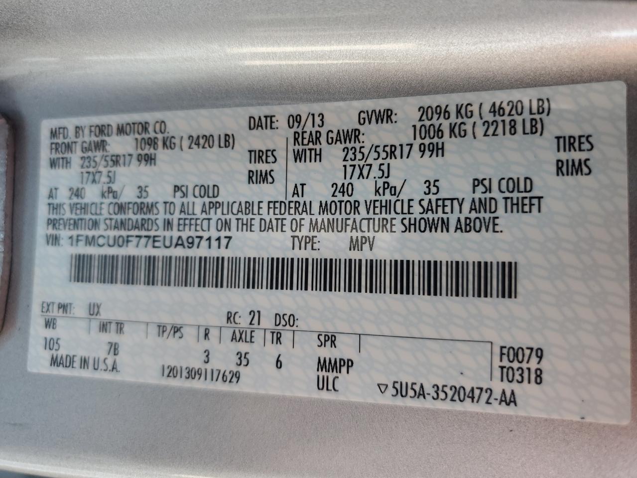 1FMCU0F77EUA97117 2014 Ford Escape S