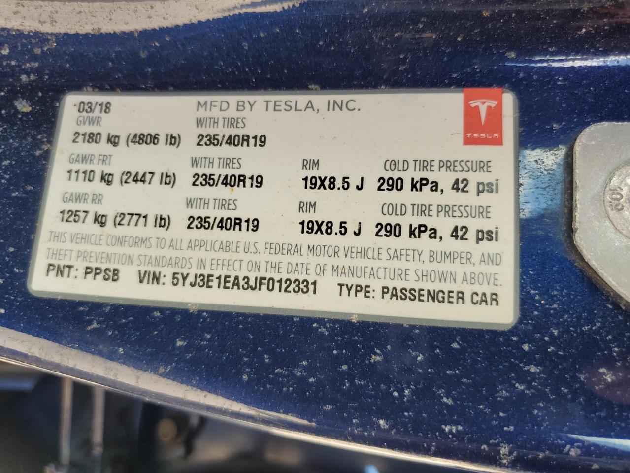 2018 Tesla Model 3 VIN: 5YJ3E1EA3JF012331 Lot: 74002954