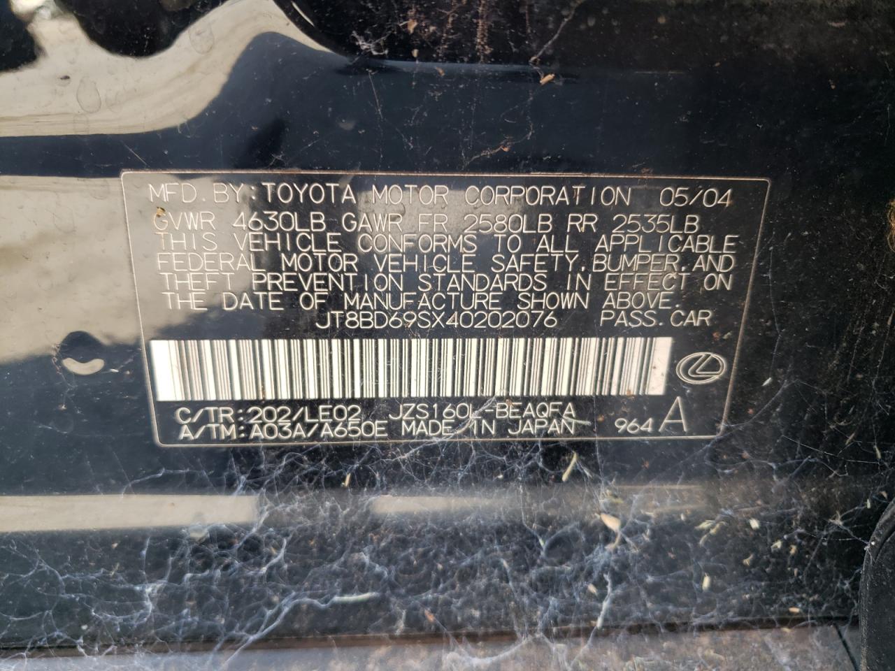 2004 Lexus Gs 300 VIN: JT8BD69SX40202076 Lot: 75309004