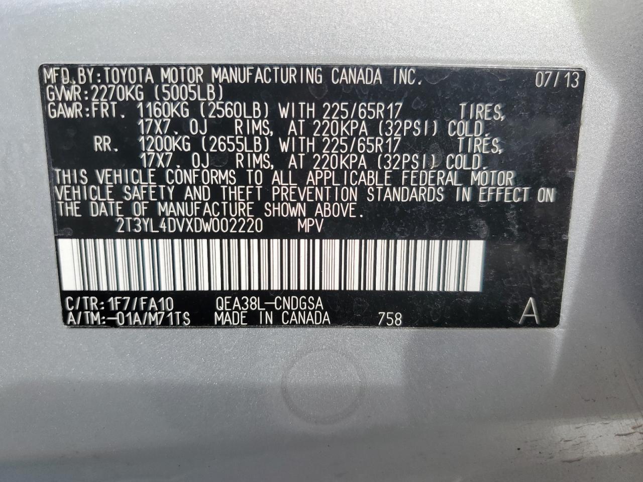 2T3YL4DVXDW002220 2013 Toyota Rav4 Ev