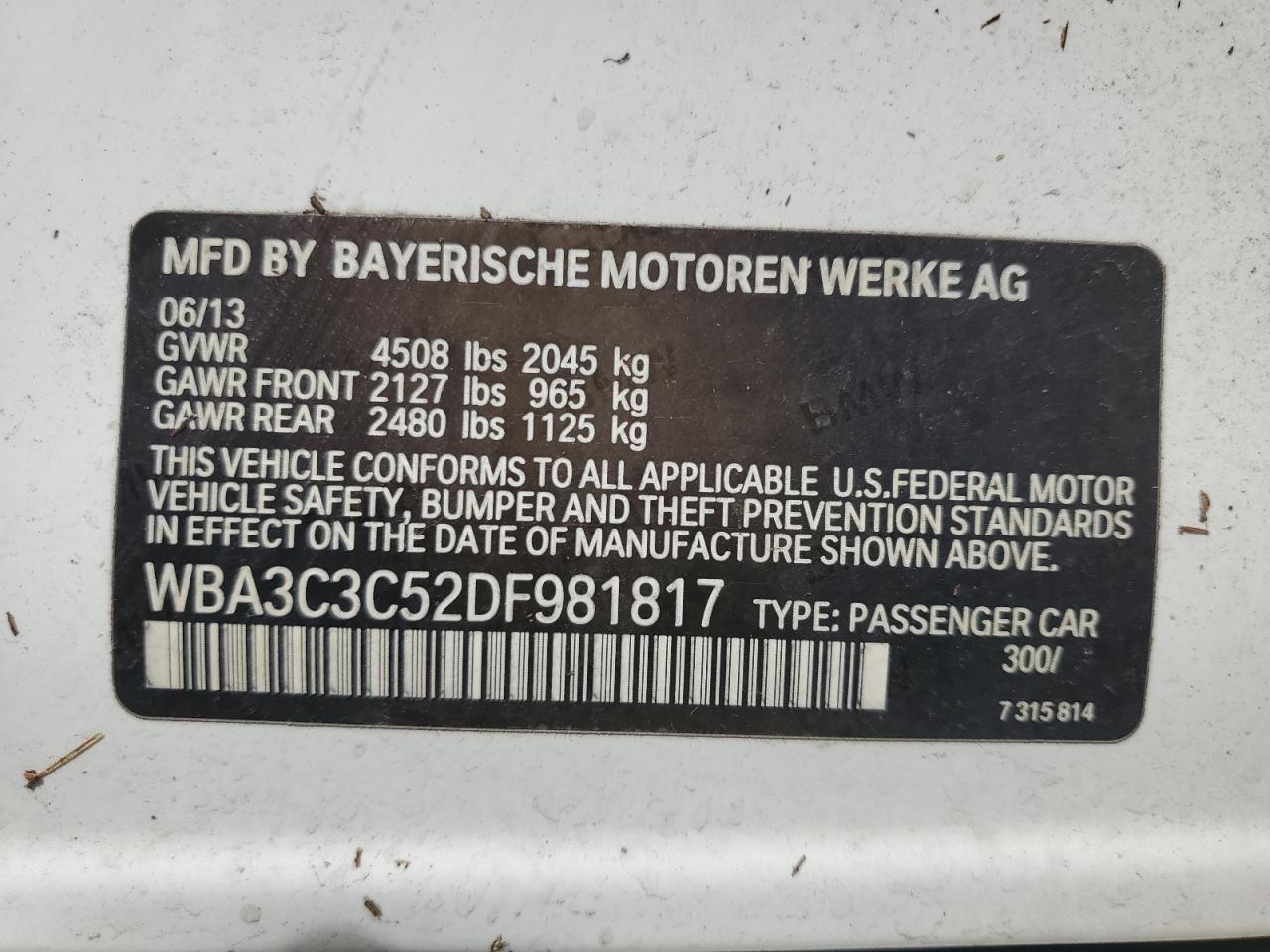 VIN WBA3C3C52DF981817 2013 BMW 3 SERIES no.13