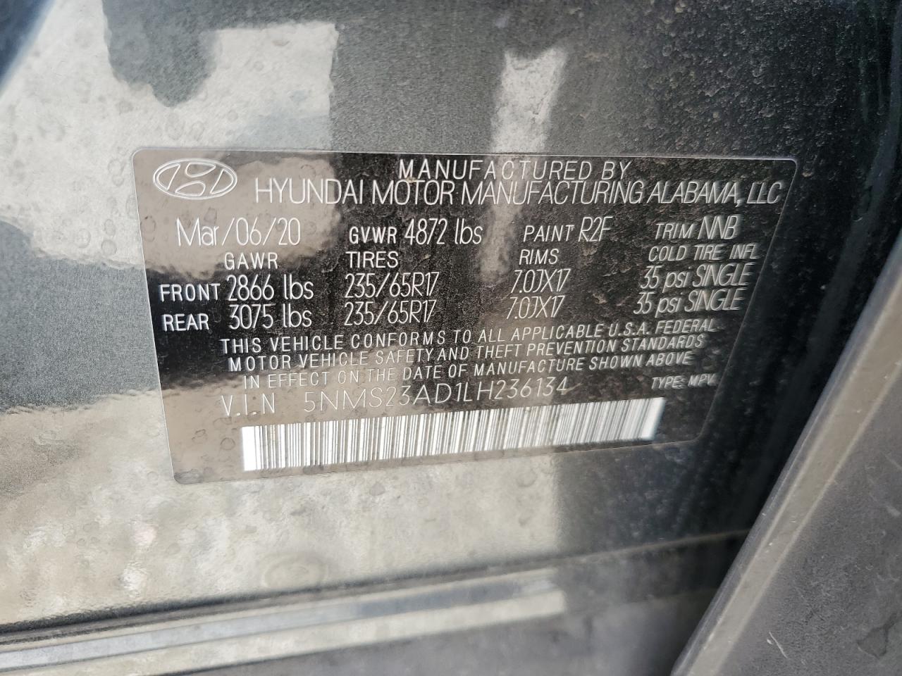 2020 Hyundai Santa Fe Se VIN: 5NMS23AD1LH236134 Lot: 77122274