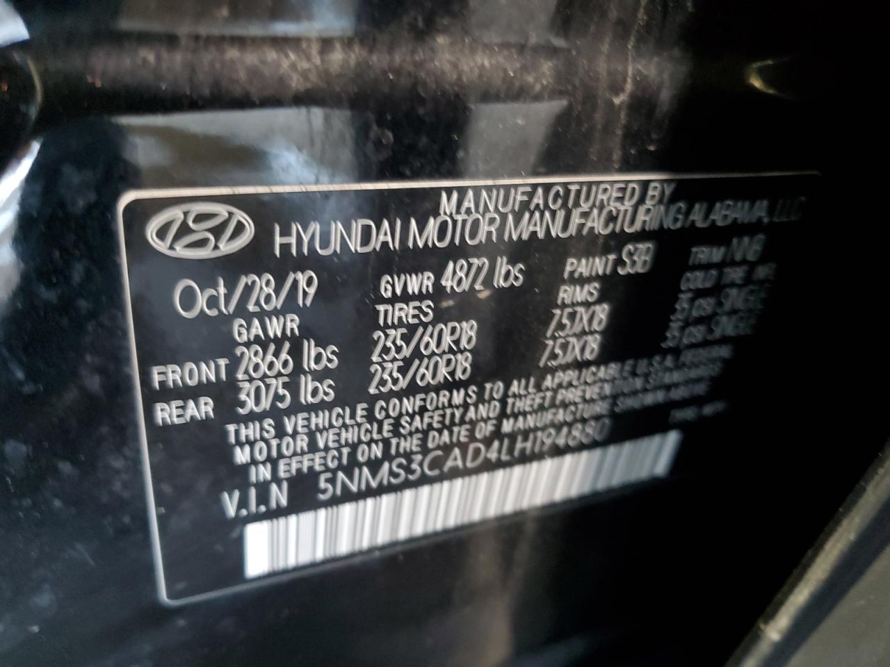 5NMS3CAD4LH194880 2020 Hyundai Santa Fe Sel