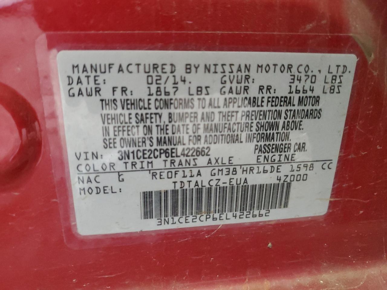 3N1CE2CP6EL422662 2014 Nissan Versa Note S