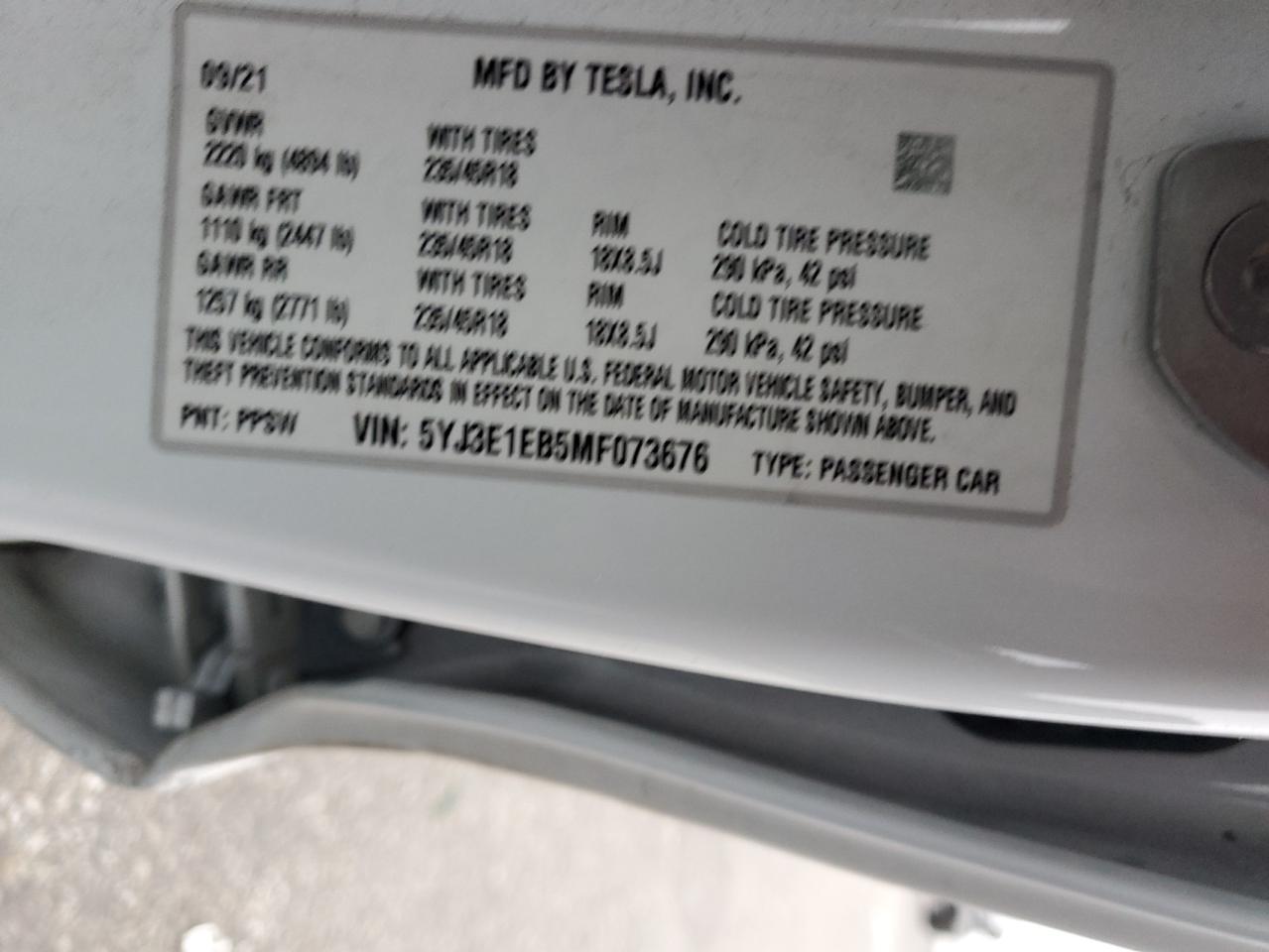 2021 Tesla Model 3 VIN: 5YJ3E1EB5MF073676 Lot: 76273694