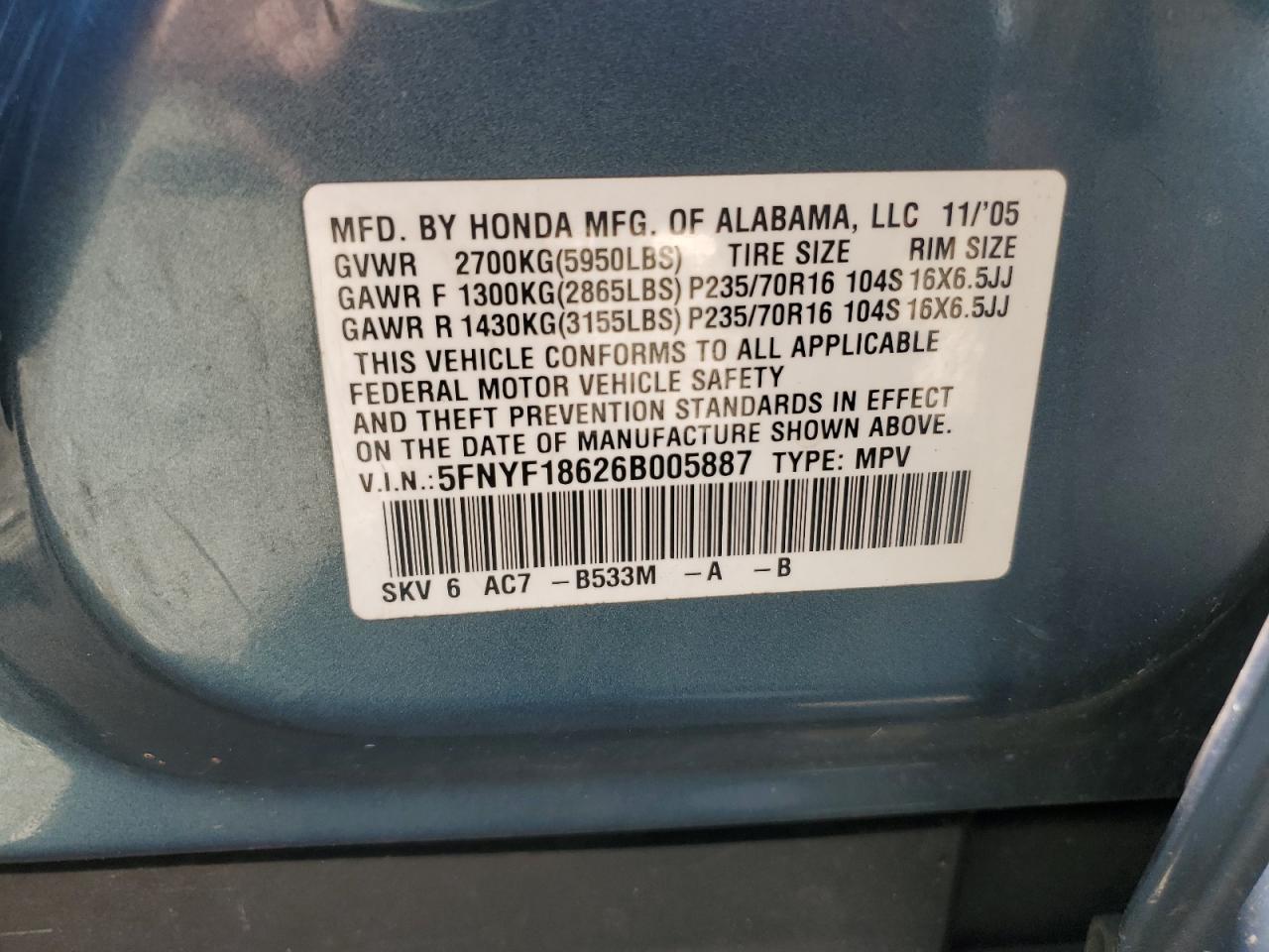 5FNYF18626B005887 2006 Honda Pilot Ex