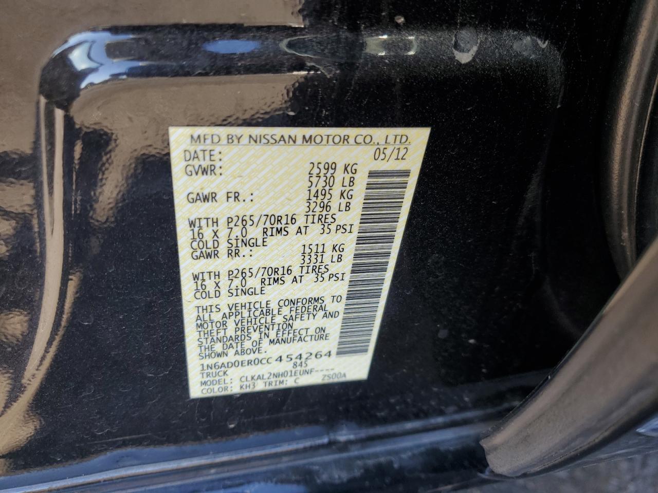 1N6AD0ER0CC454264 2012 Nissan Frontier S