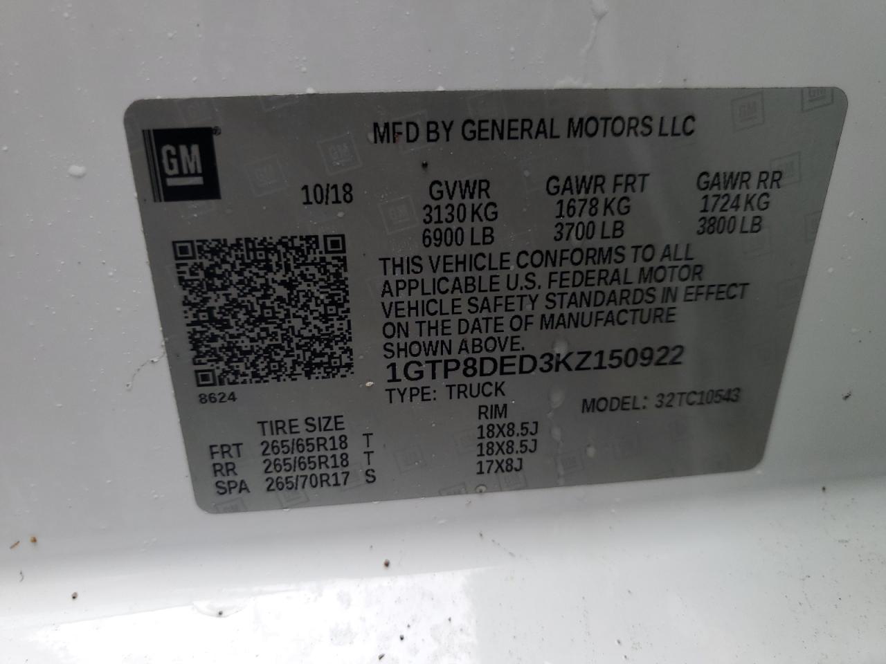 1GTP8DED3KZ150922 2019 GMC Sierra C1500 Slt