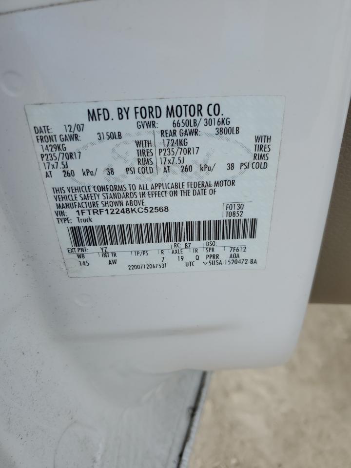 2008 Ford F150 VIN: 1FTRF12248KC52568 Lot: 74916714