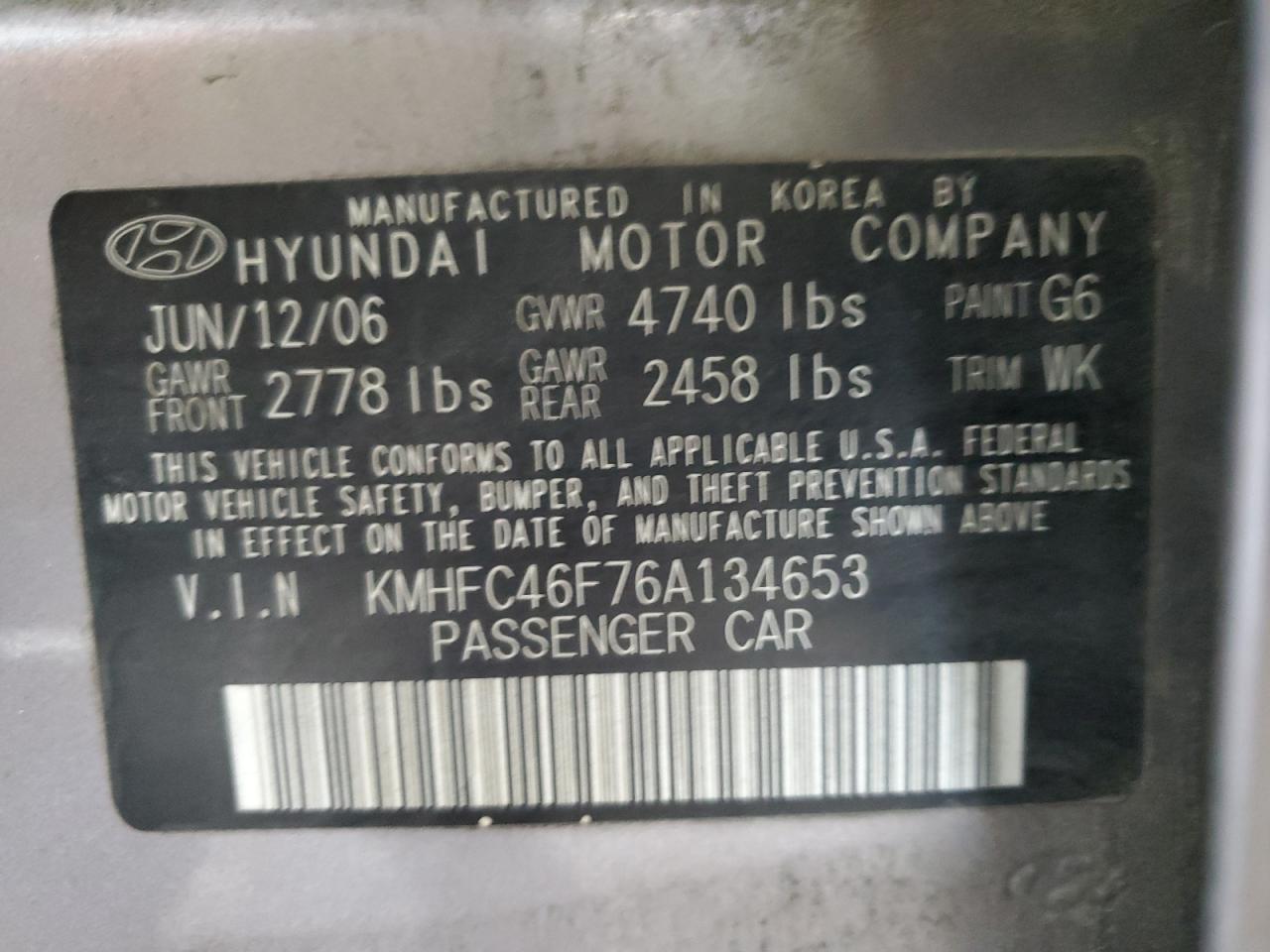 KMHFC46F76A134653 2006 Hyundai Azera Se