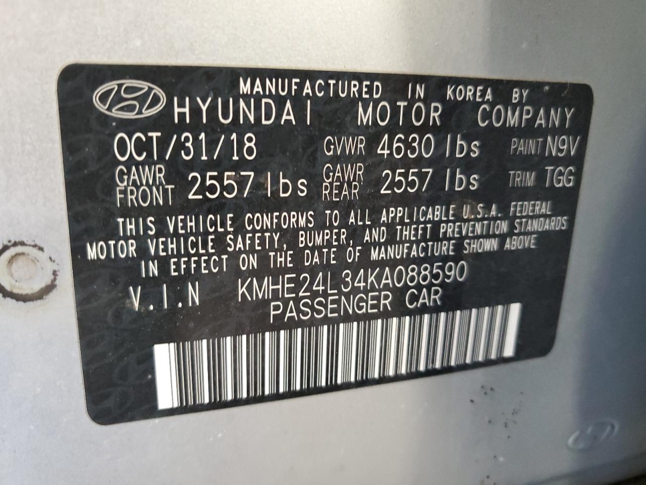 2019 Hyundai Sonata Hybrid VIN: KMHE24L34KA088590 Lot: 76477574