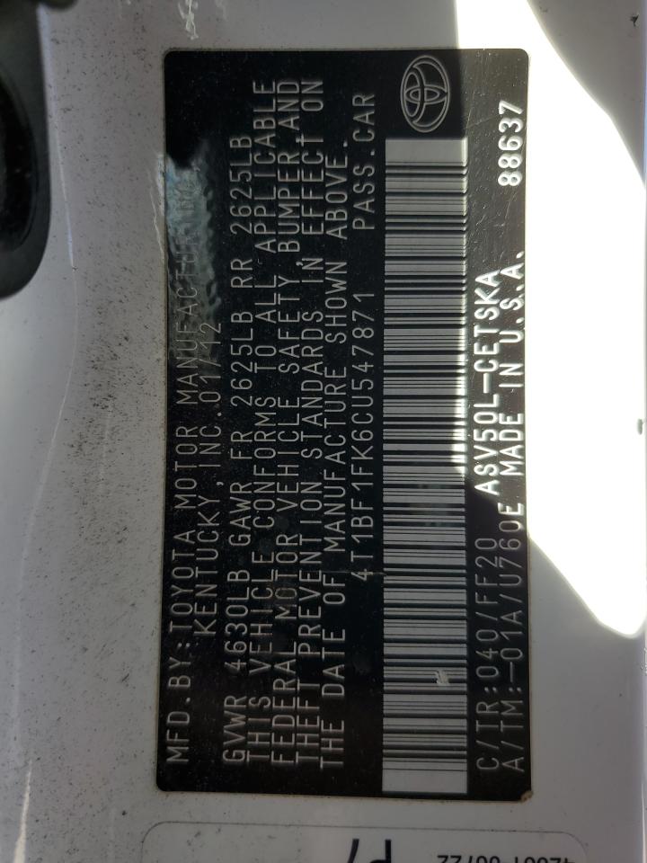 4T1BF1FK6CU547871 2012 Toyota Camry Base