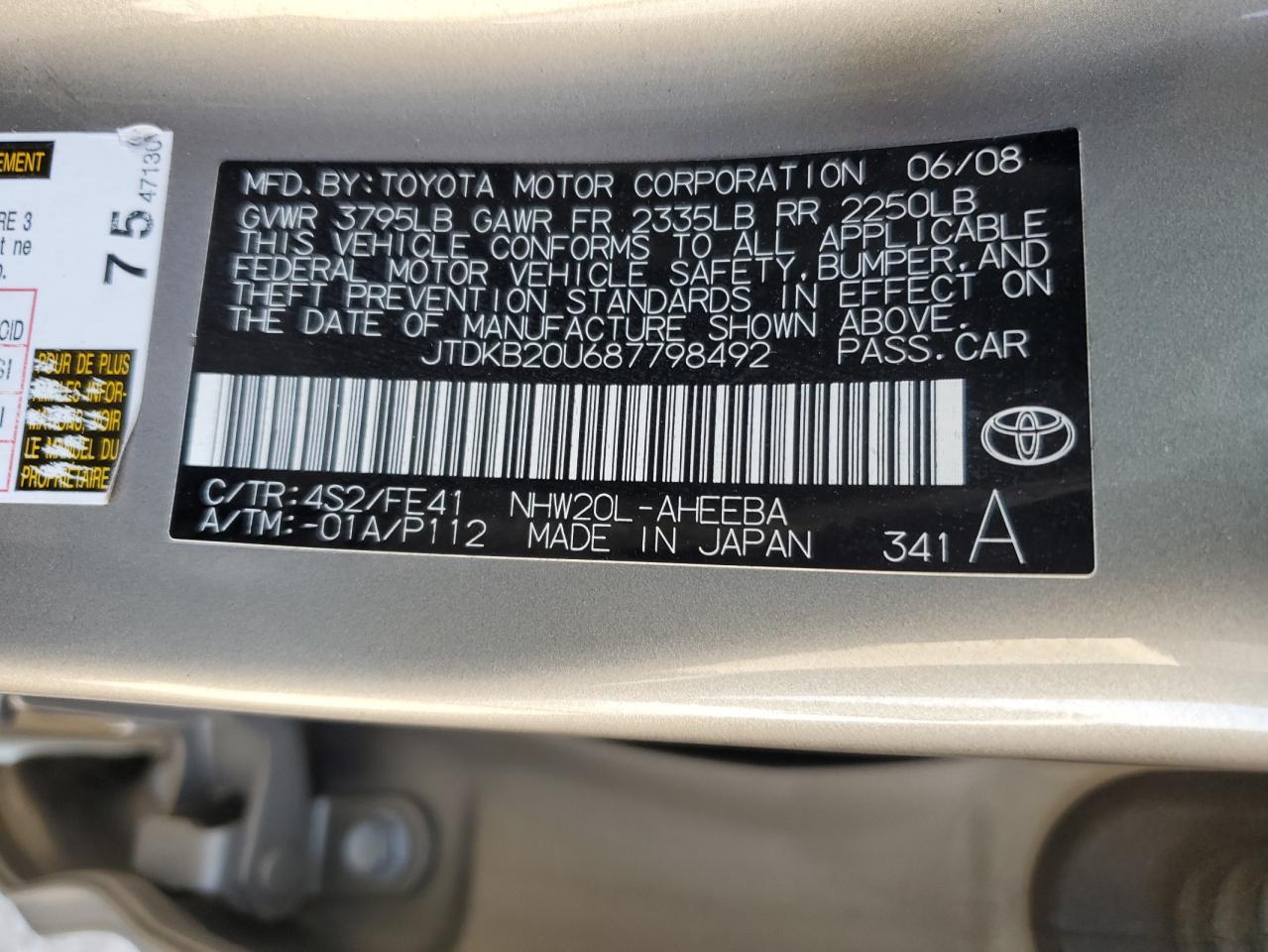 2008 Toyota Prius VIN: JTDKB20U687798492 Lot: 75908704