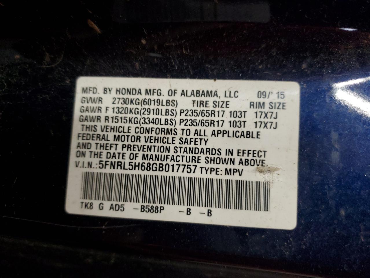 5FNRL5H68GB017757 2016 Honda Odyssey Exl