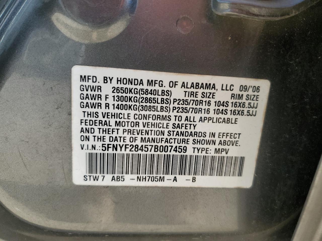 2007 Honda Pilot Ex VIN: 5FNYF28457B007459 Lot: 73938024